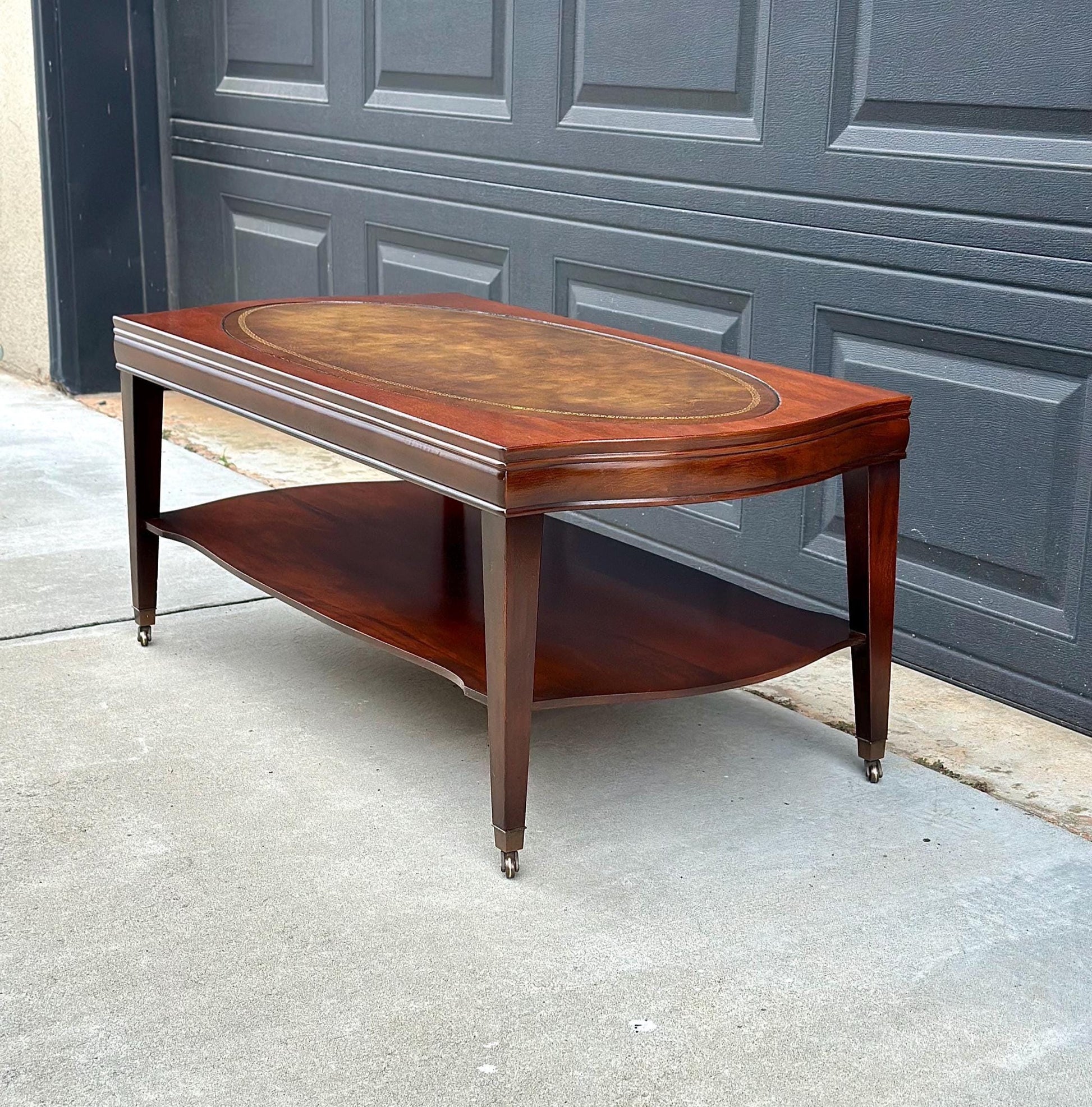 Vintage Leather Top Mahogany Coffee Table on Casters