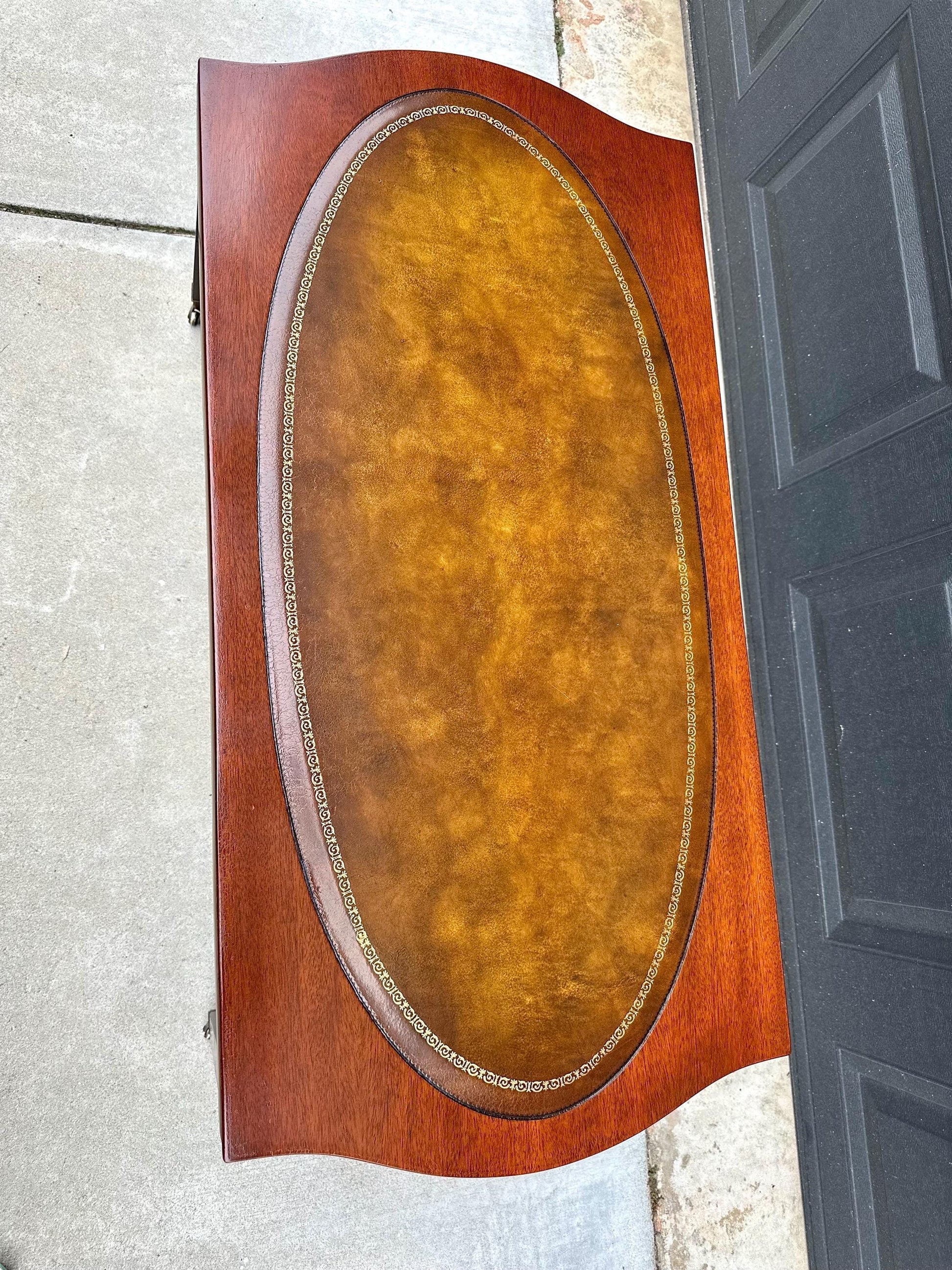 Vintage Leather Top Mahogany Coffee Table on Casters