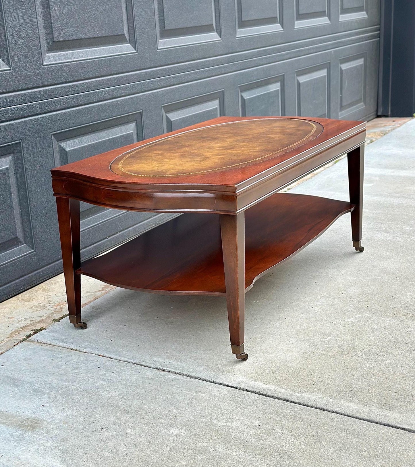 Vintage Leather Top Mahogany Coffee Table on Casters