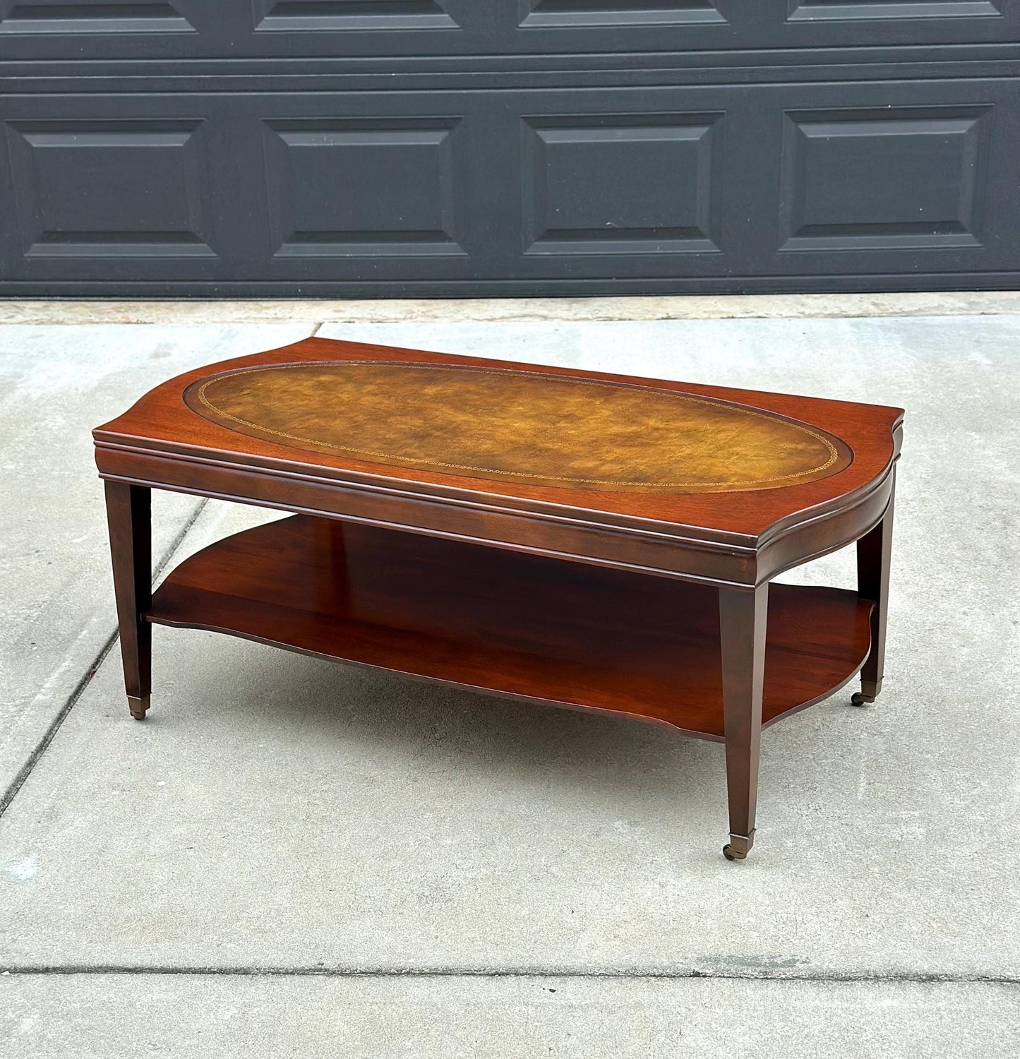 Vintage Leather Top Mahogany Coffee Table on Casters