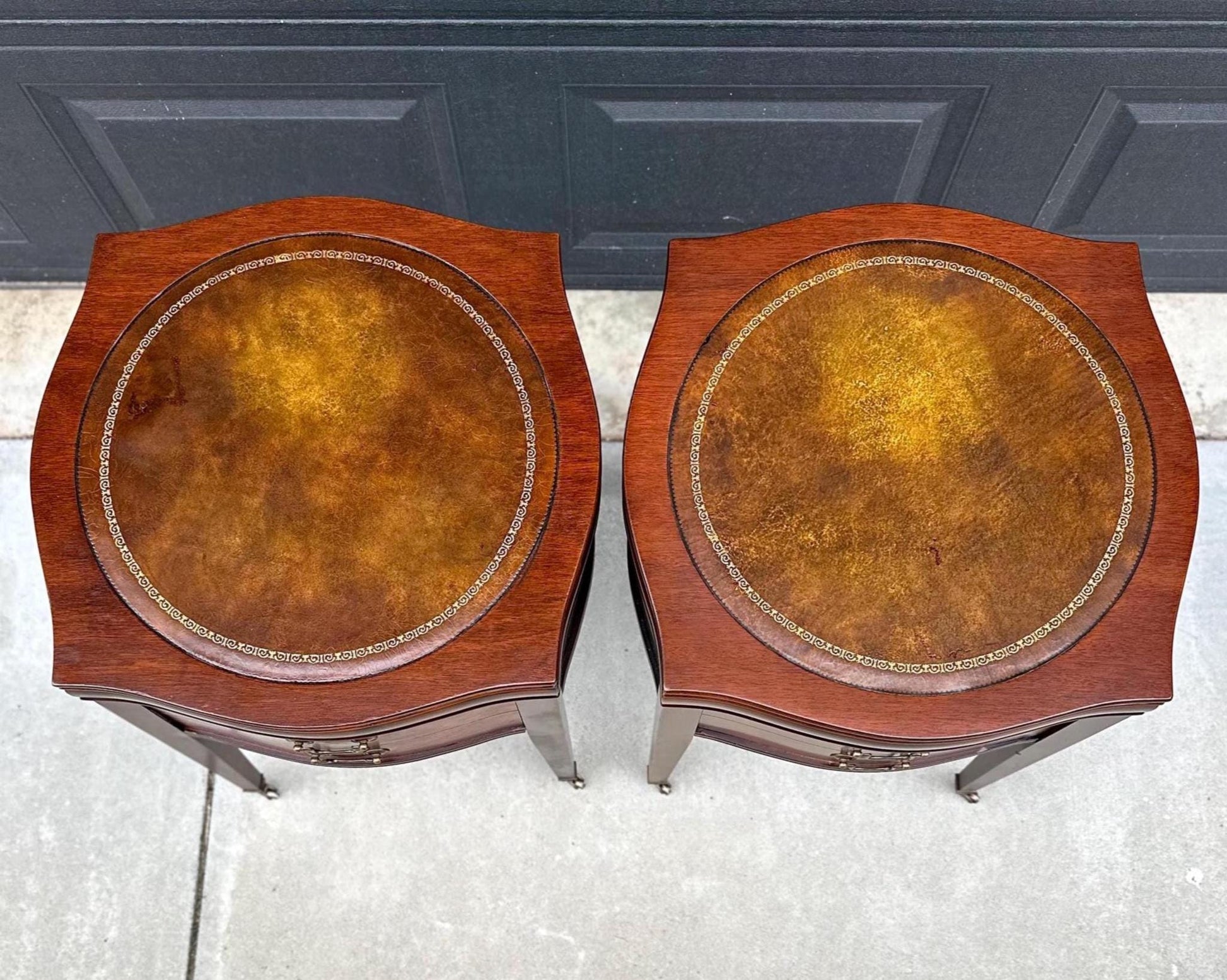Vintage 1970's Bowfront Leather Top Mahogany Nightstands