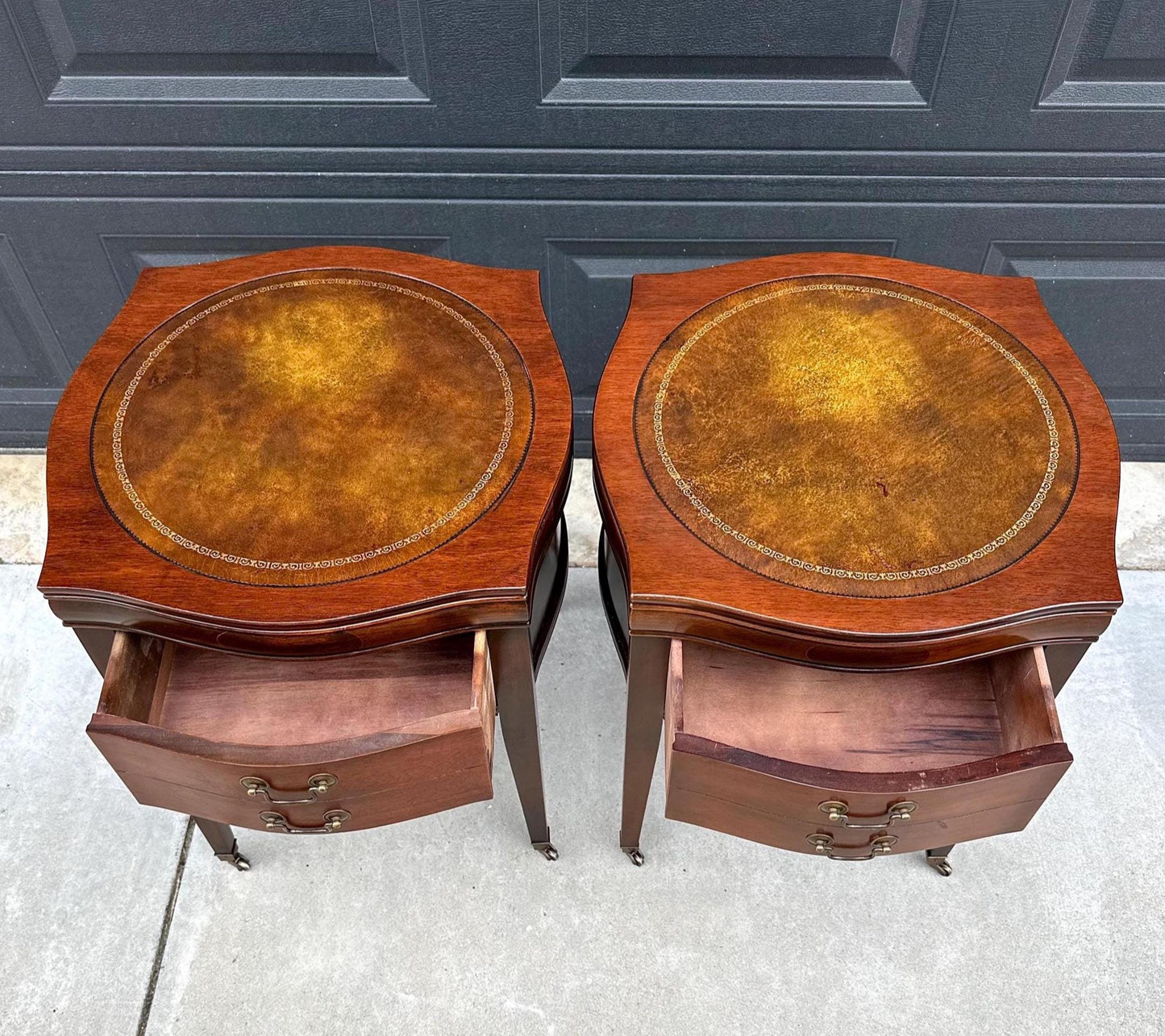 Vintage 1970's Bowfront Leather Top Mahogany Nightstands