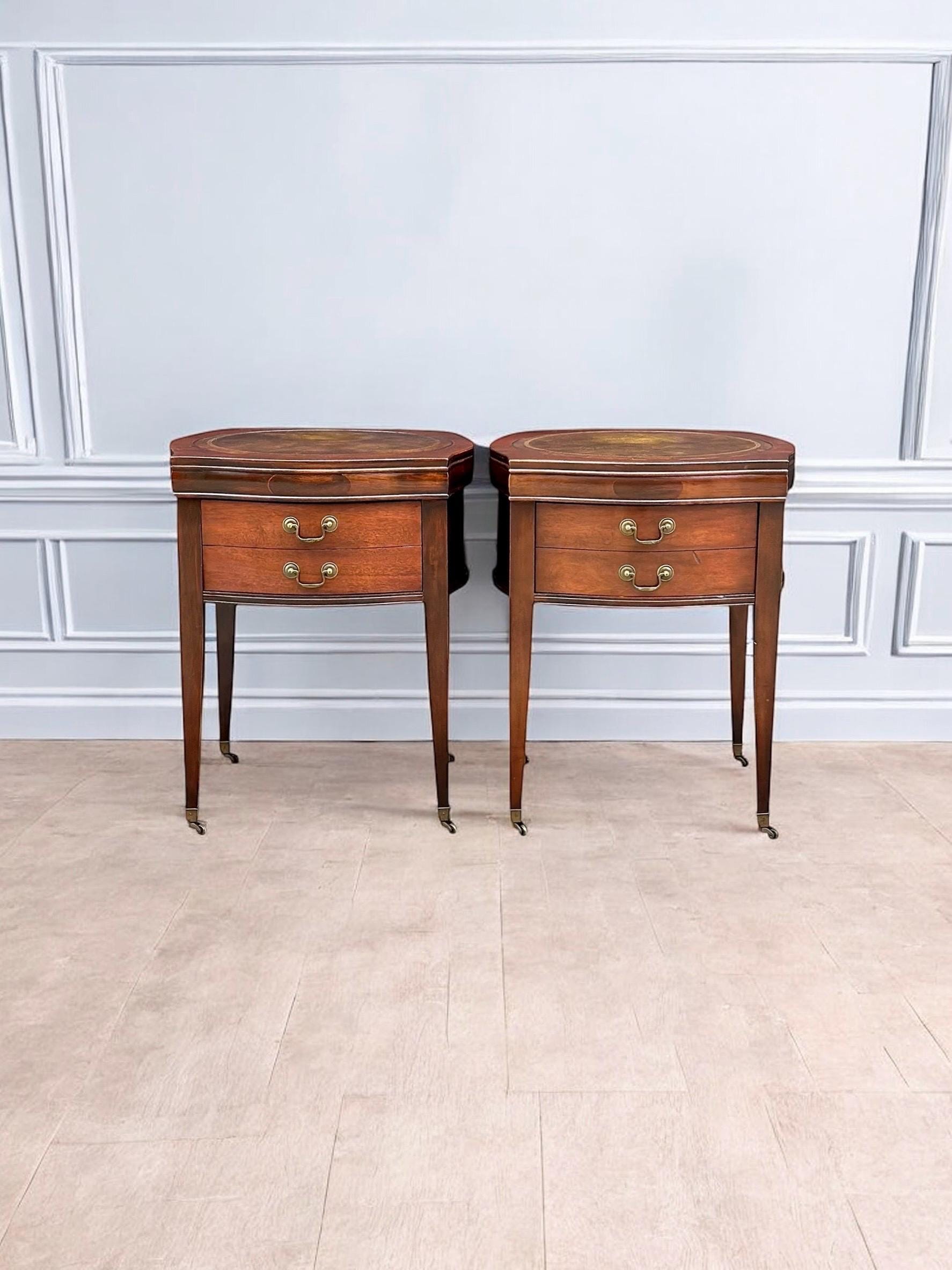 Vintage 1970's Bowfront Leather Top Mahogany Nightstands