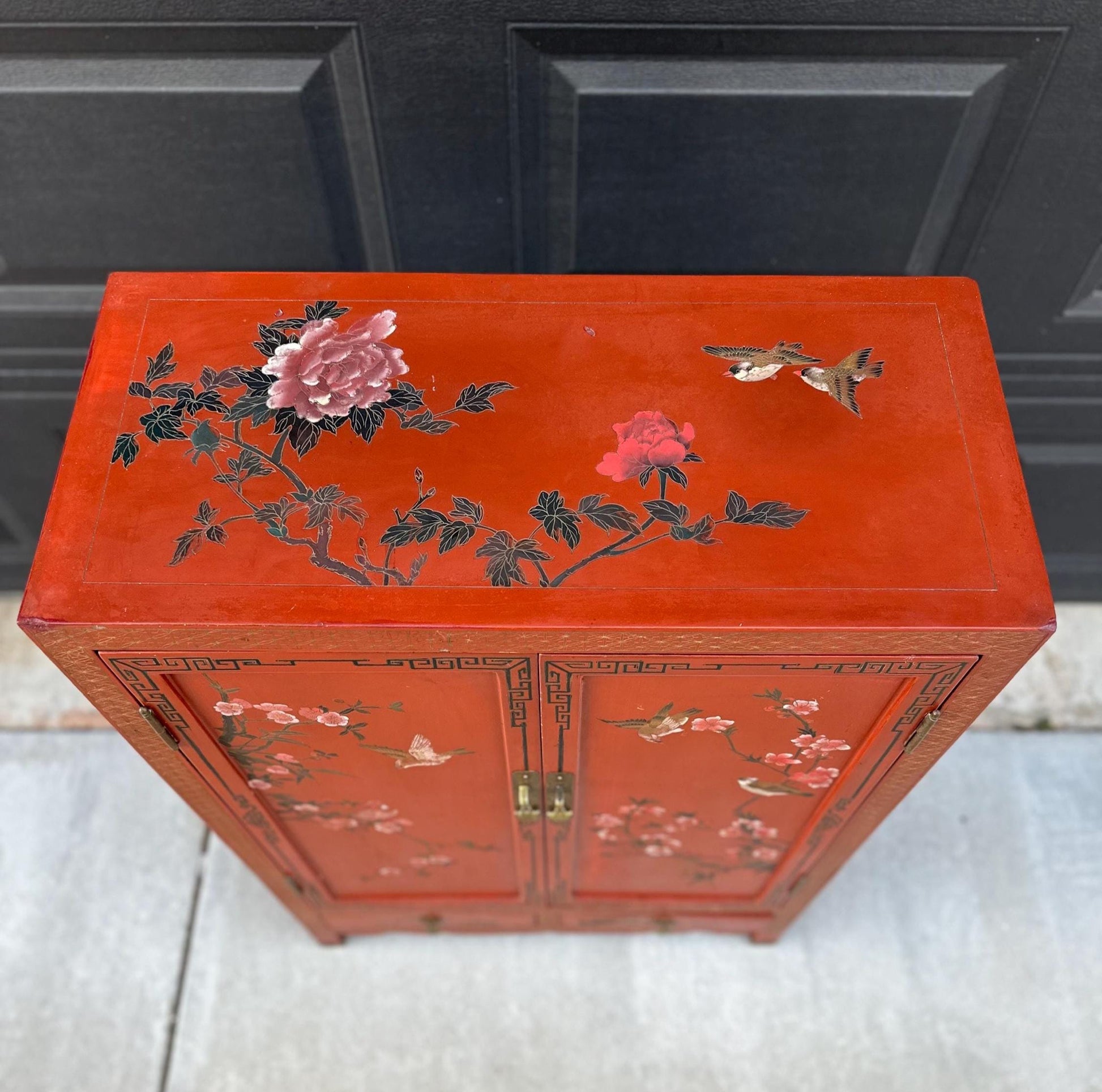 Vintage 1950's Oriental Hand Painted Red Lacquer Cabinet