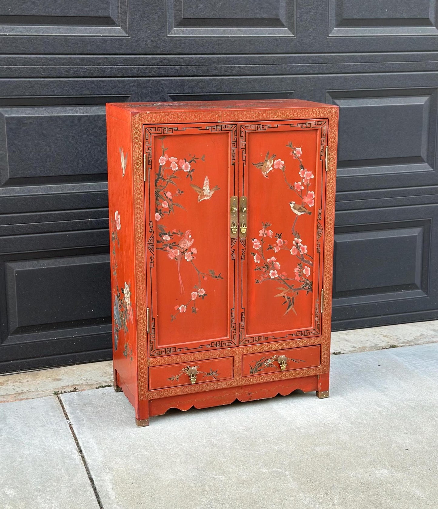 Vintage 1950's Oriental Hand Painted Red Lacquer Cabinet