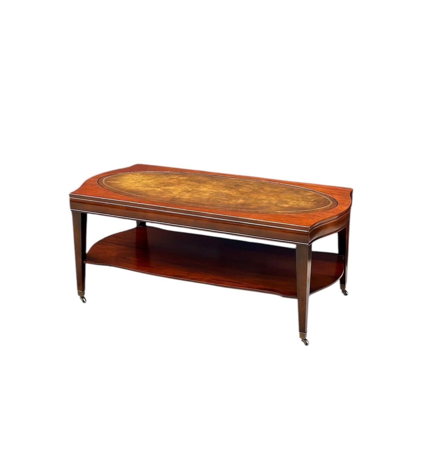 Vintage Leather Top Mahogany Coffee Table on Casters