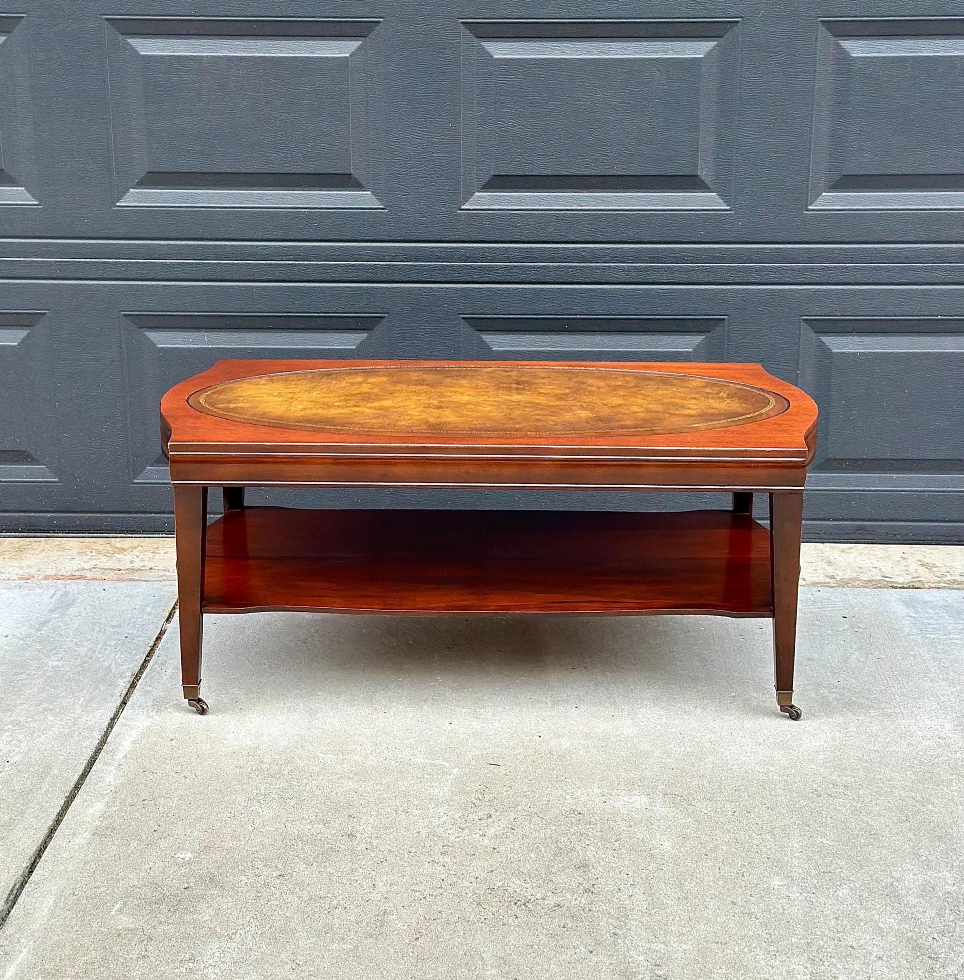 Vintage Leather Top Mahogany Coffee Table on Casters