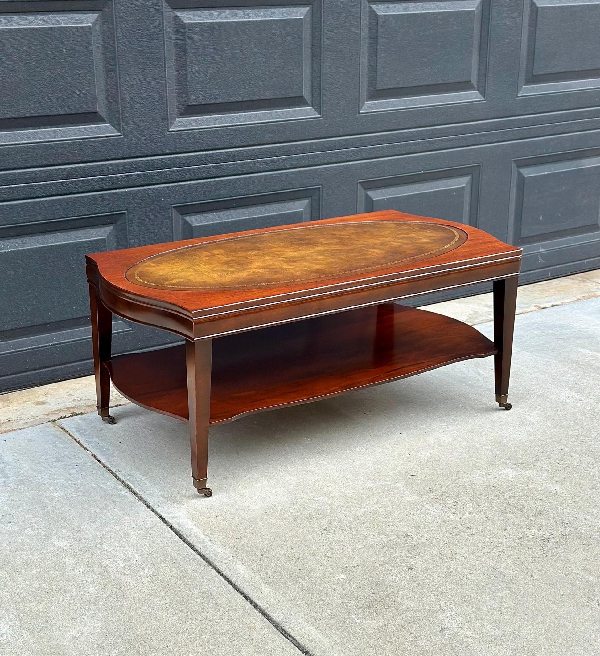 Vintage Leather Top Mahogany Coffee Table on Casters