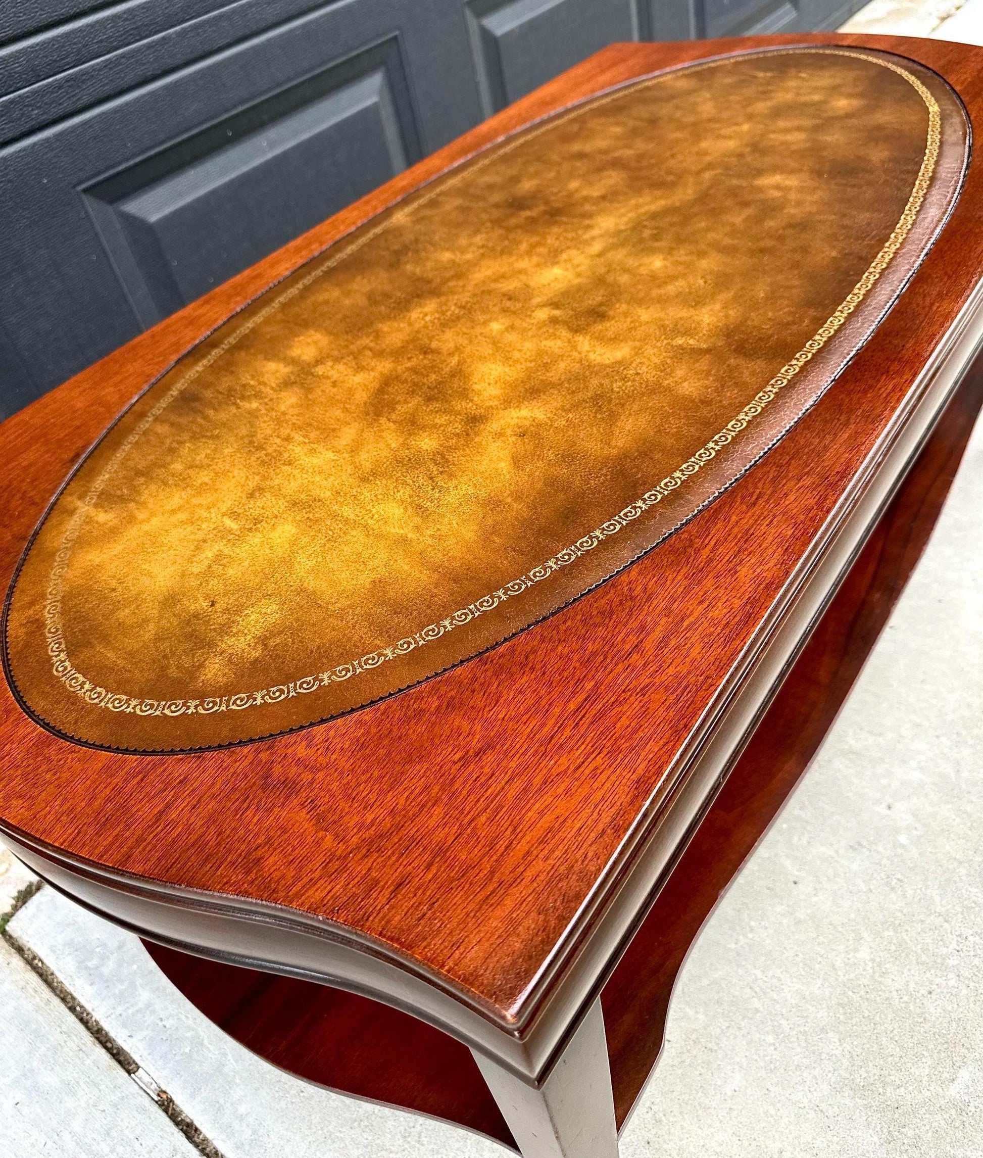 Vintage Leather Top Mahogany Coffee Table on Casters