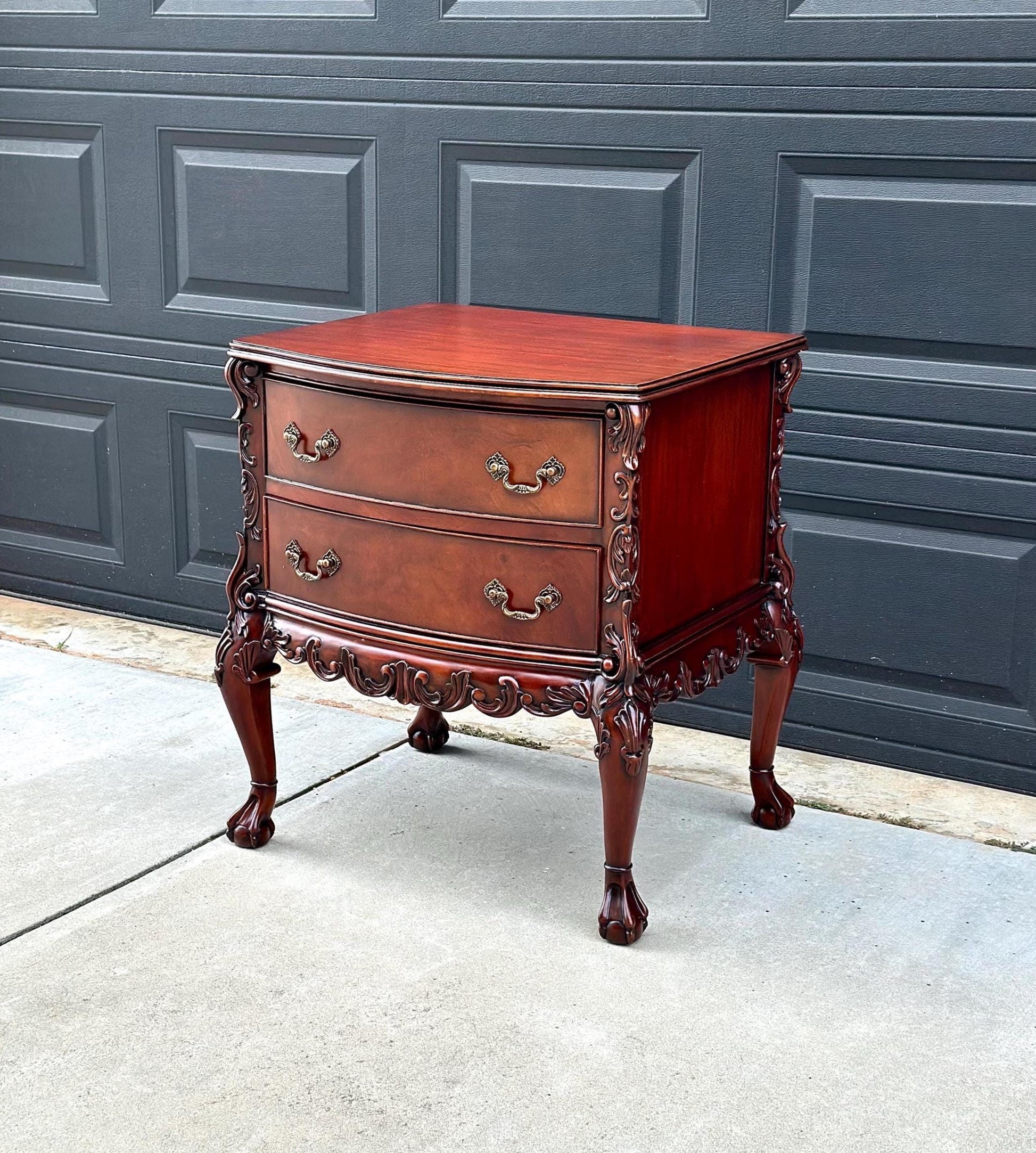 Vintage 1970's Mahogany Two Drawer Carved Ball in Claw French Chest