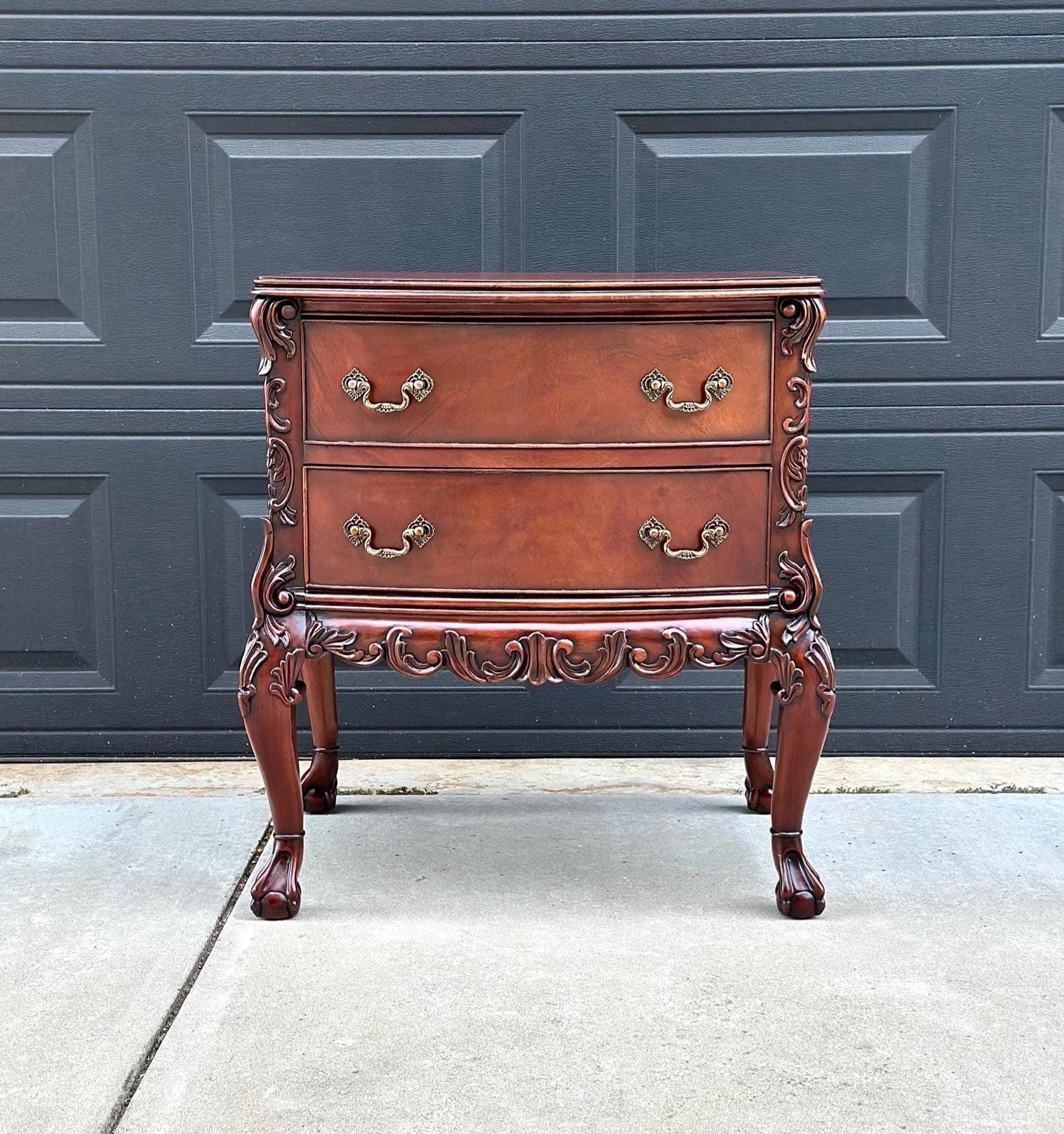 Vintage 1970's Mahogany Two Drawer Carved Ball in Claw French Chest