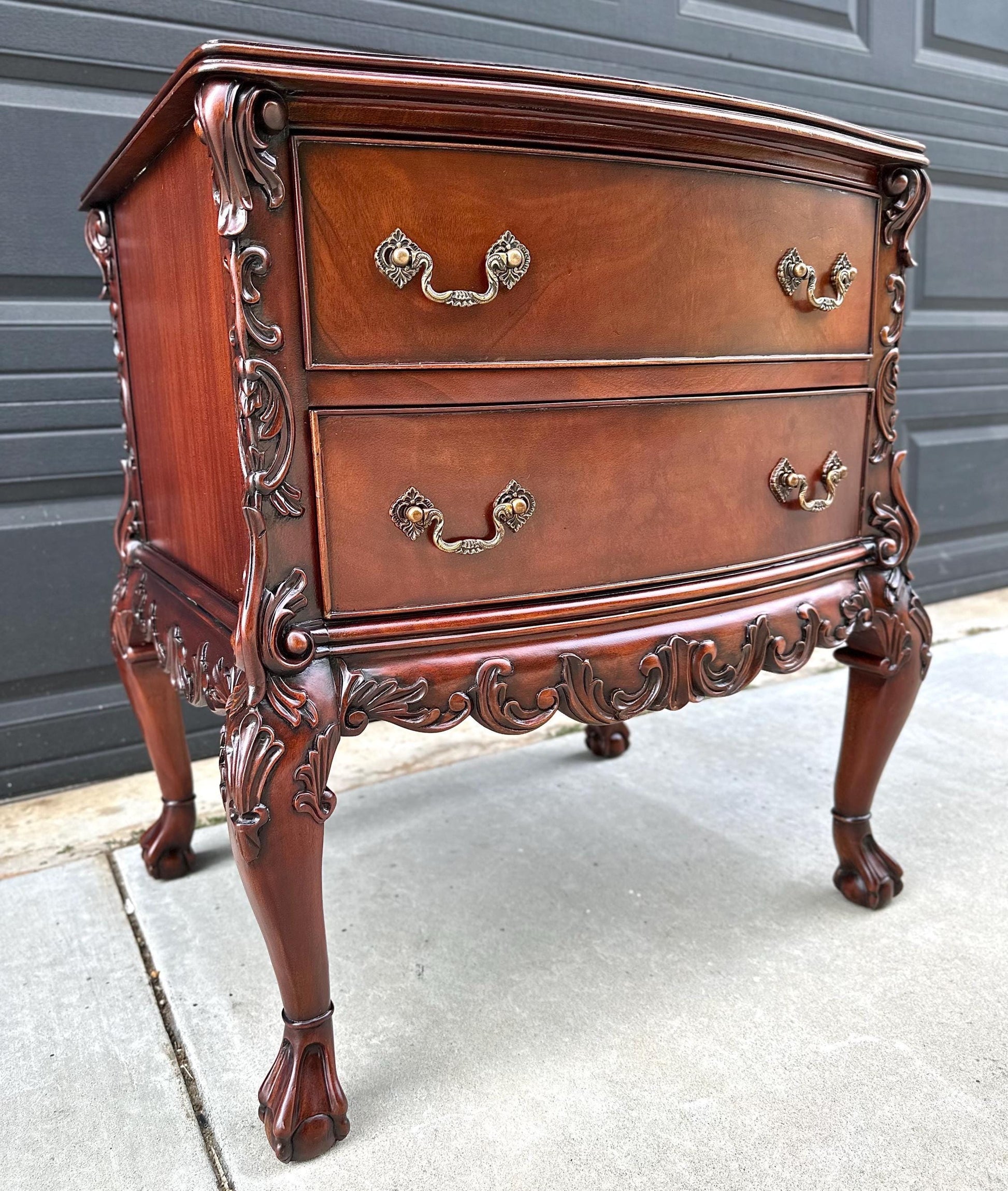 Vintage 1970's Mahogany Two Drawer Carved Ball in Claw French Chest