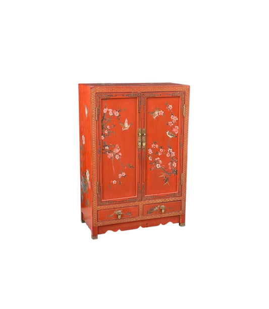 Vintage 1950's Oriental Hand Painted Red Lacquer Cabinet