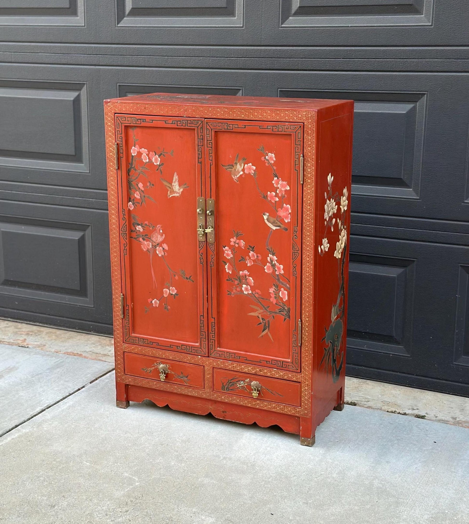 Vintage 1950's Oriental Hand Painted Red Lacquer Cabinet