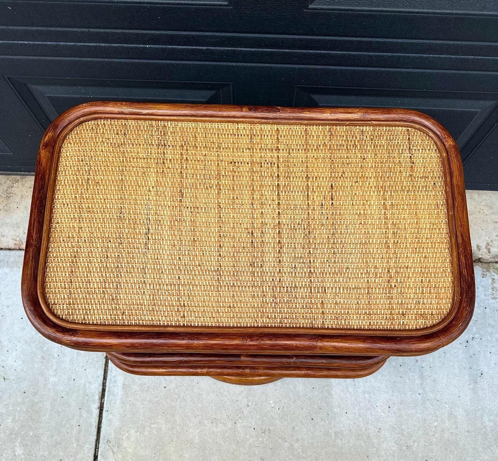 Vintage 1970's Swiveling Three Tier Rattan & Cane Table