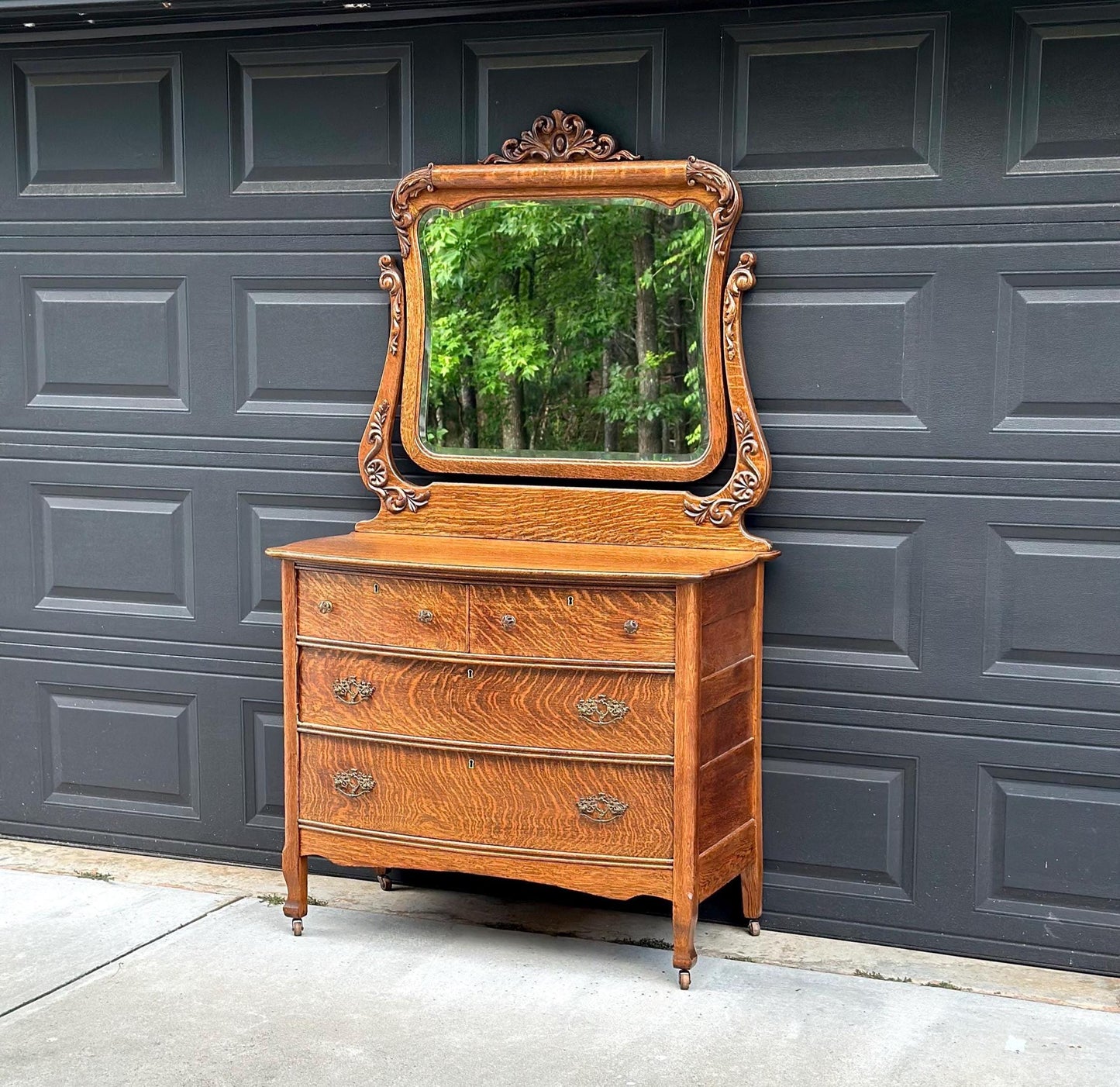 Antique 1920's Tiger Oak Dresser & Carved Swing Mirror
