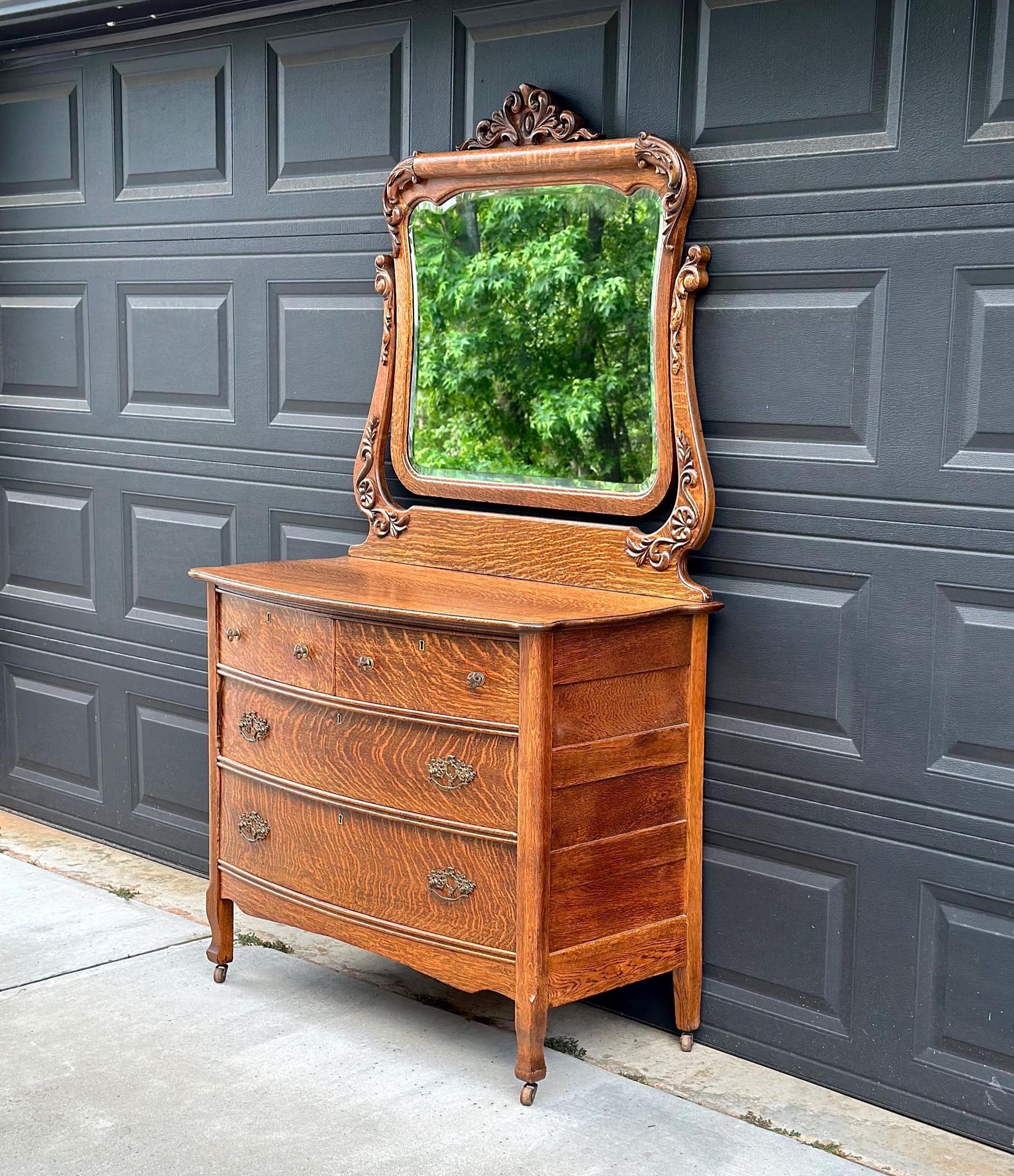 Antique 1920's Tiger Oak Dresser & Carved Swing Mirror