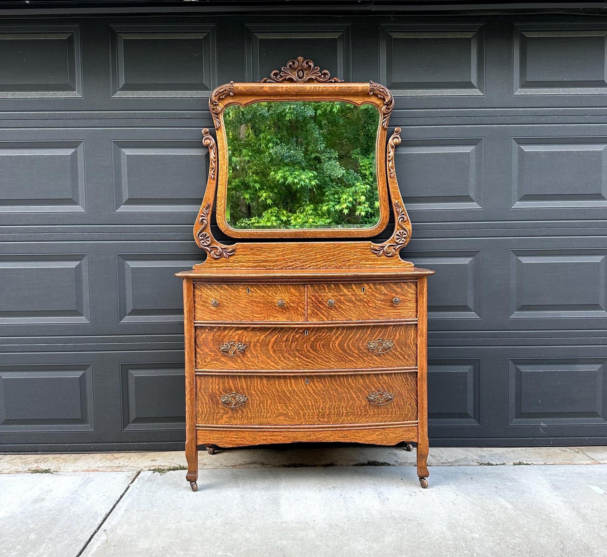 Antique 1920's Tiger Oak Dresser & Carved Swing Mirror