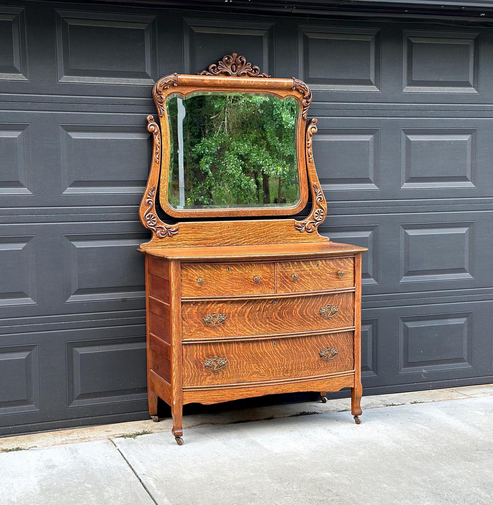Antique 1920's Tiger Oak Dresser & Carved Swing Mirror