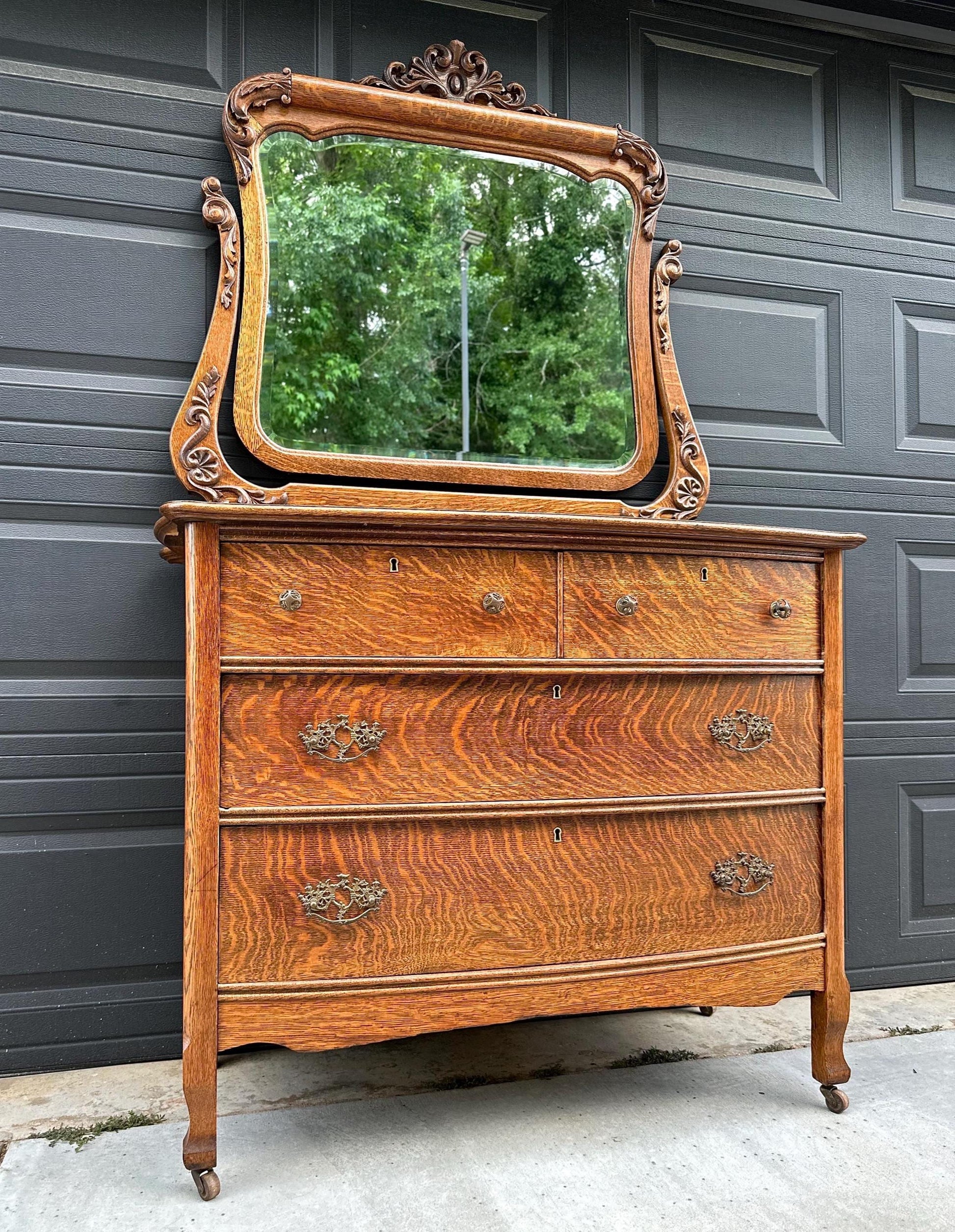 Antique 1920's Tiger Oak Dresser & Carved Swing Mirror