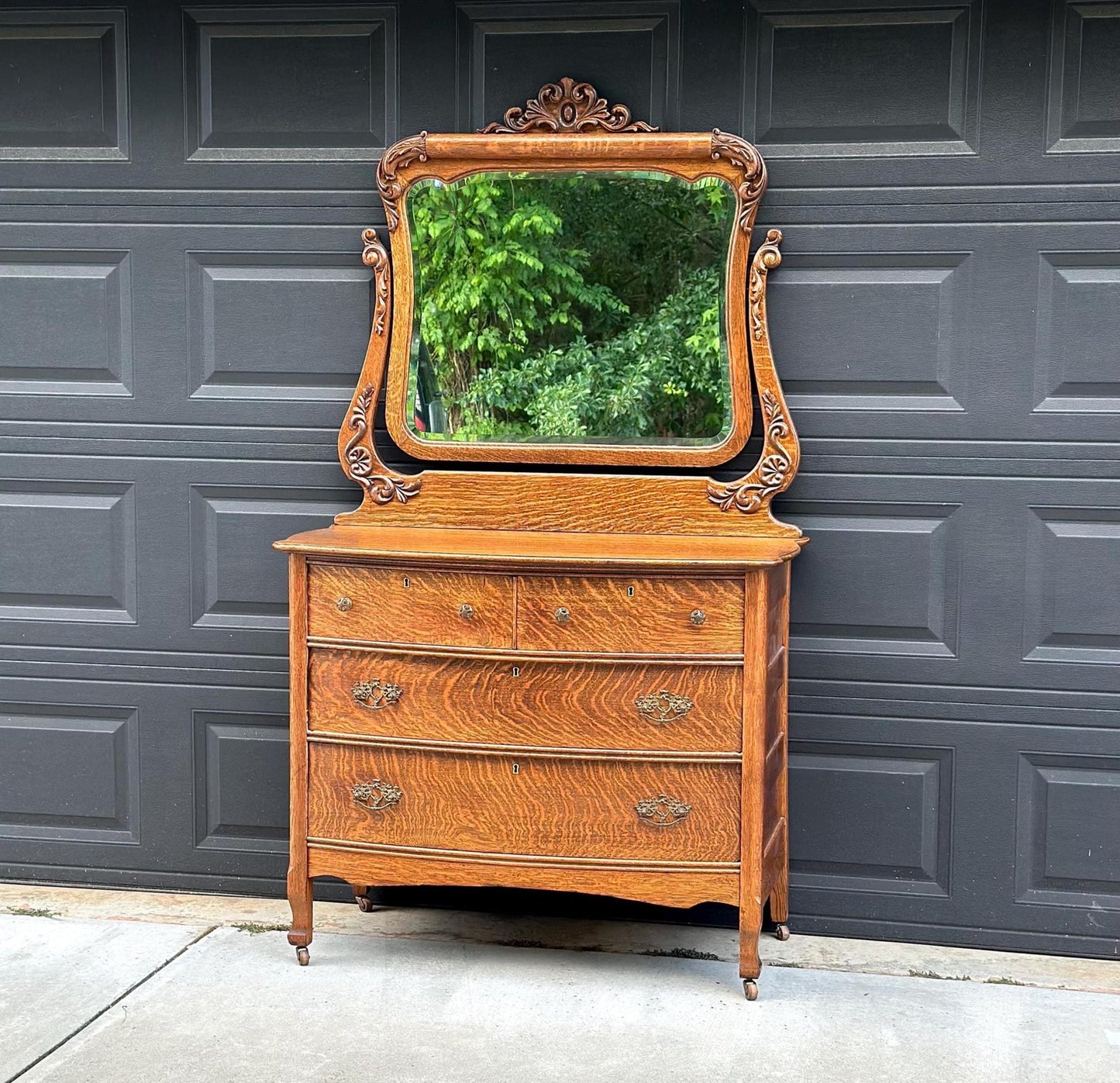 Antique 1920's Tiger Oak Dresser & Carved Swing Mirror