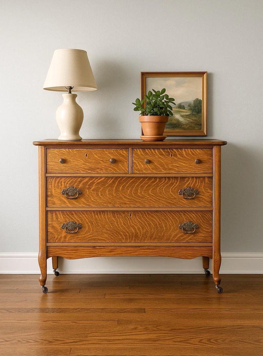 Antique 1920's Tiger Oak Four Drawer Chest on Casters