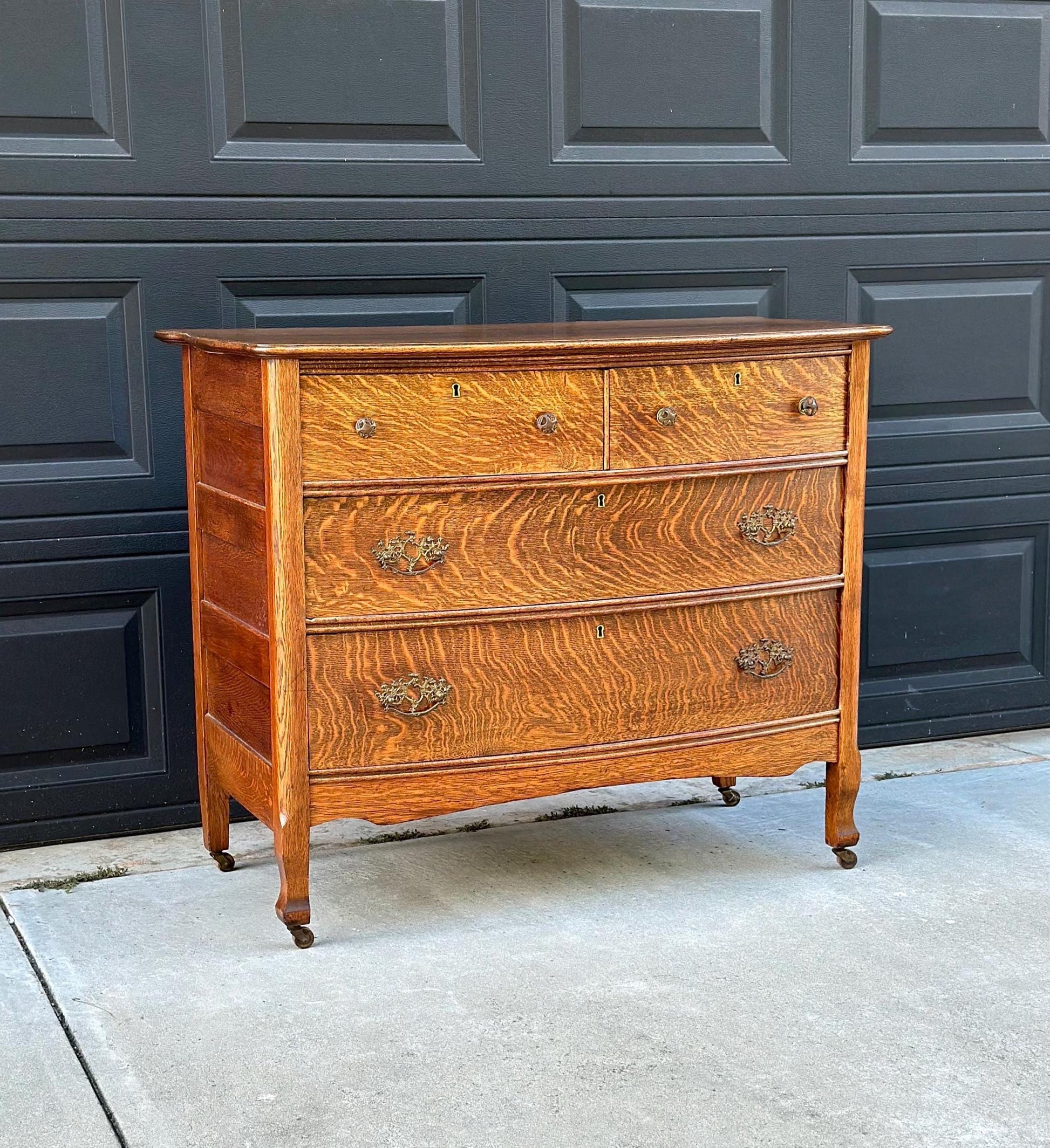 Antique 1920's Tiger Oak Four Drawer Chest on Casters