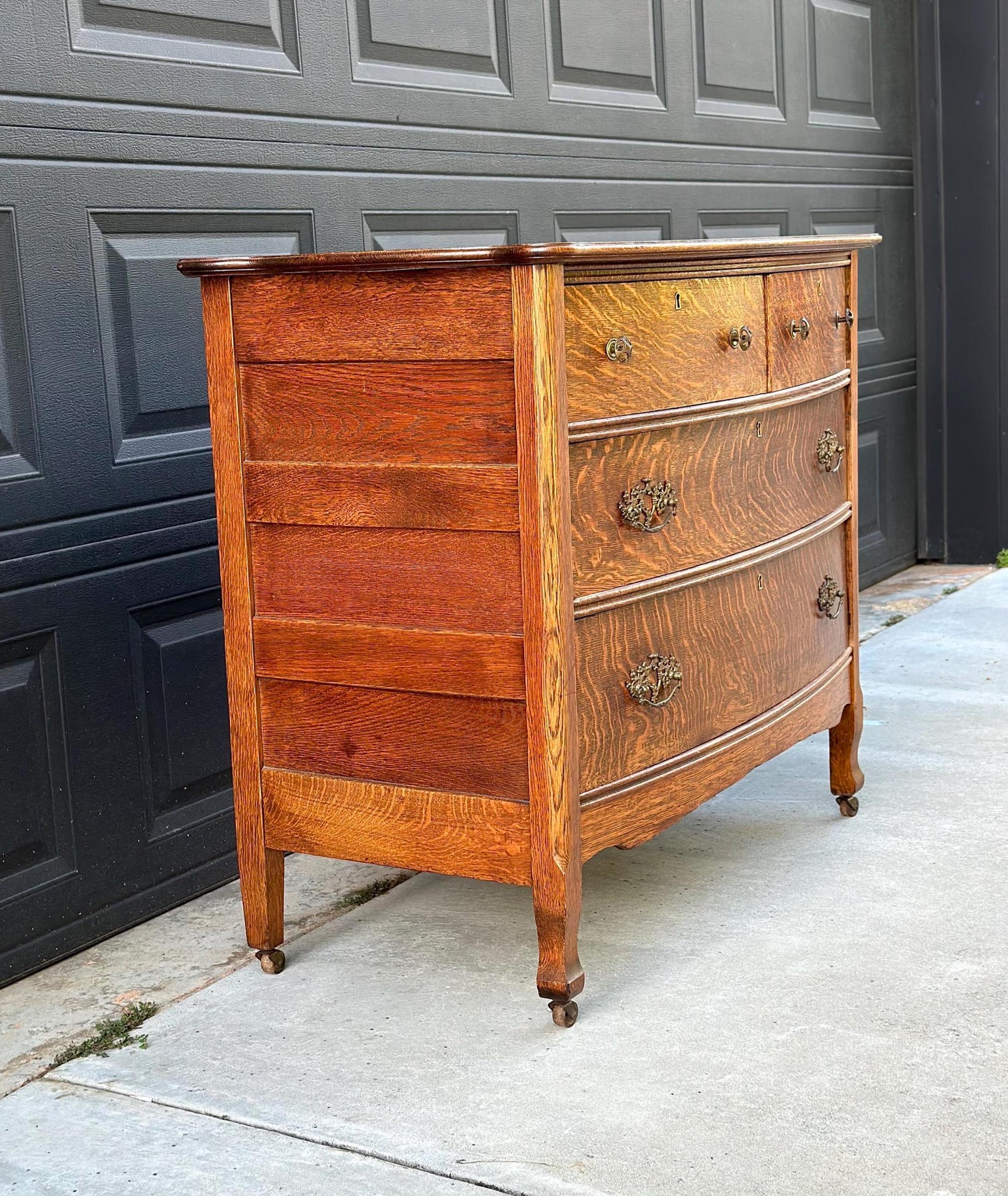 Antique 1920's Tiger Oak Four Drawer Chest on Casters