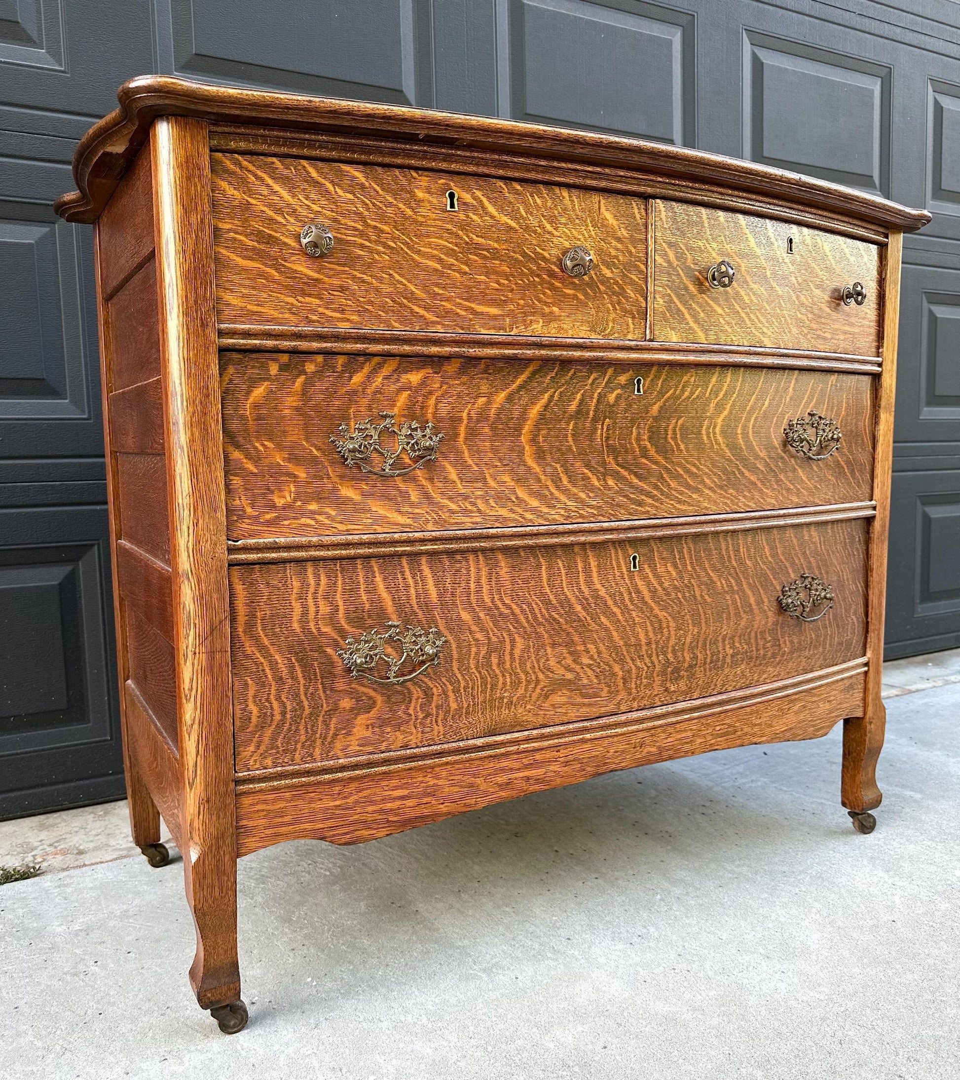 Antique 1920's Tiger Oak Four Drawer Chest on Casters