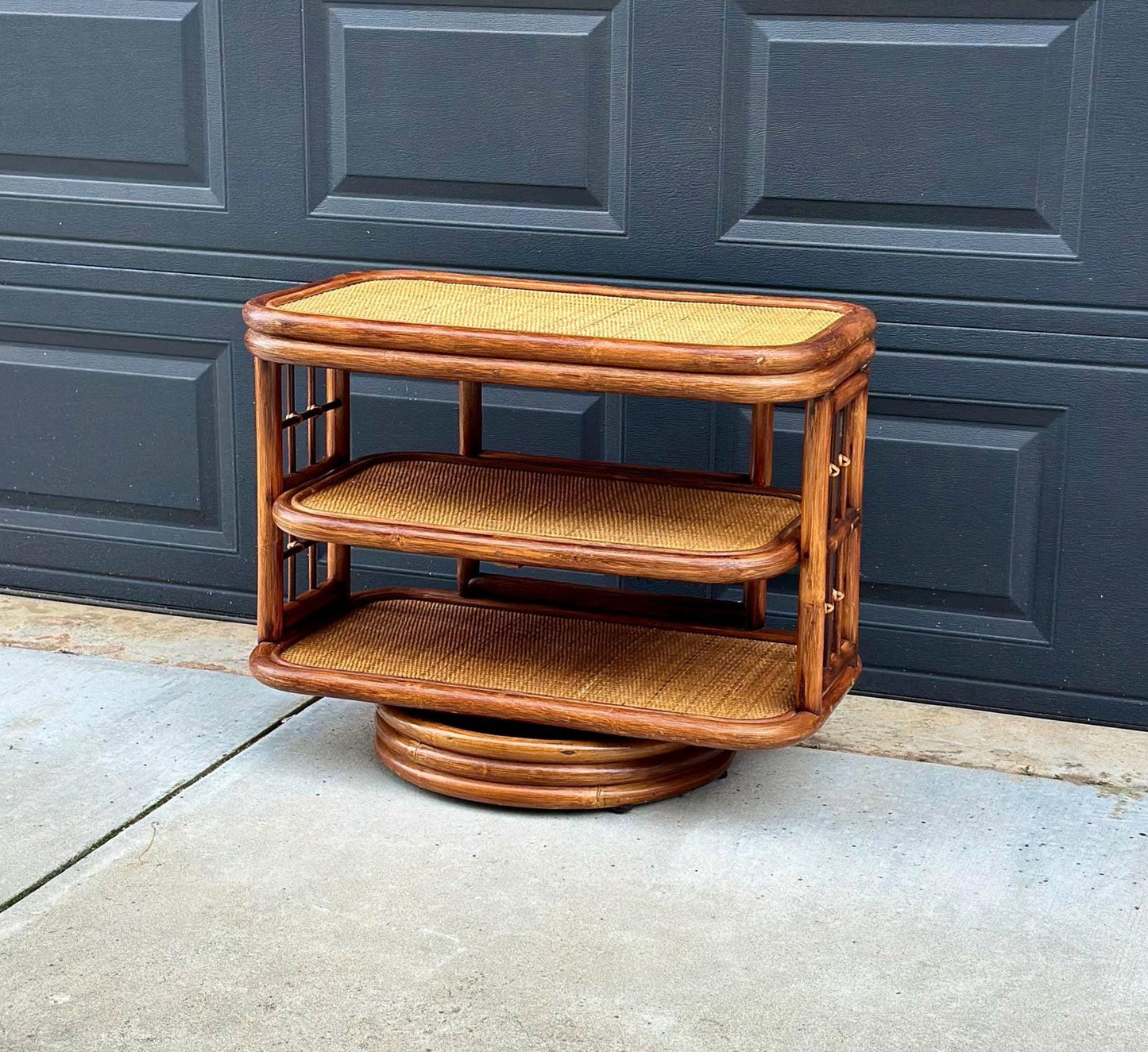 Vintage 1970's Swiveling Three Tier Rattan & Cane Table