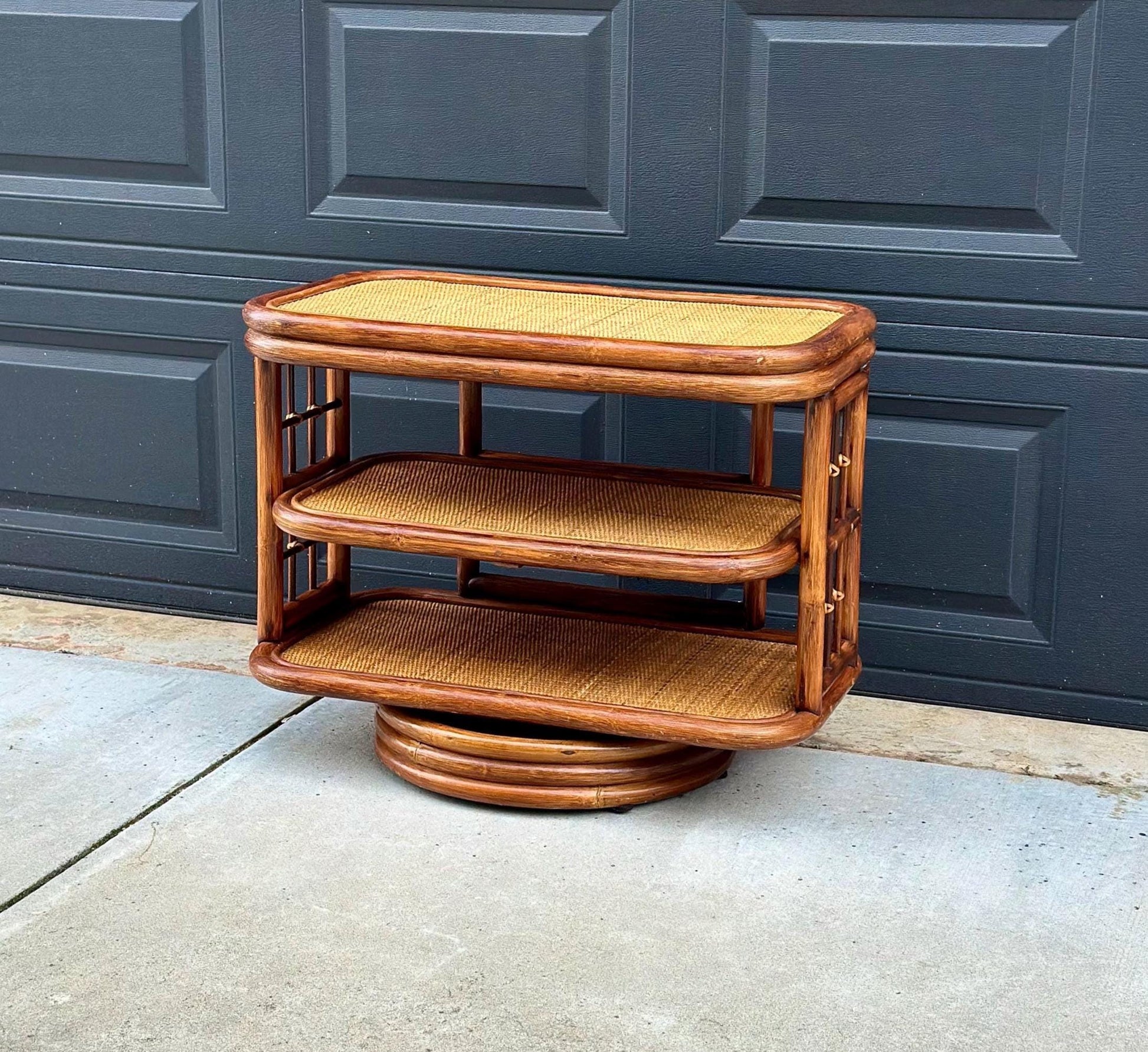 Vintage 1970's Swiveling Three Tier Rattan & Cane Table