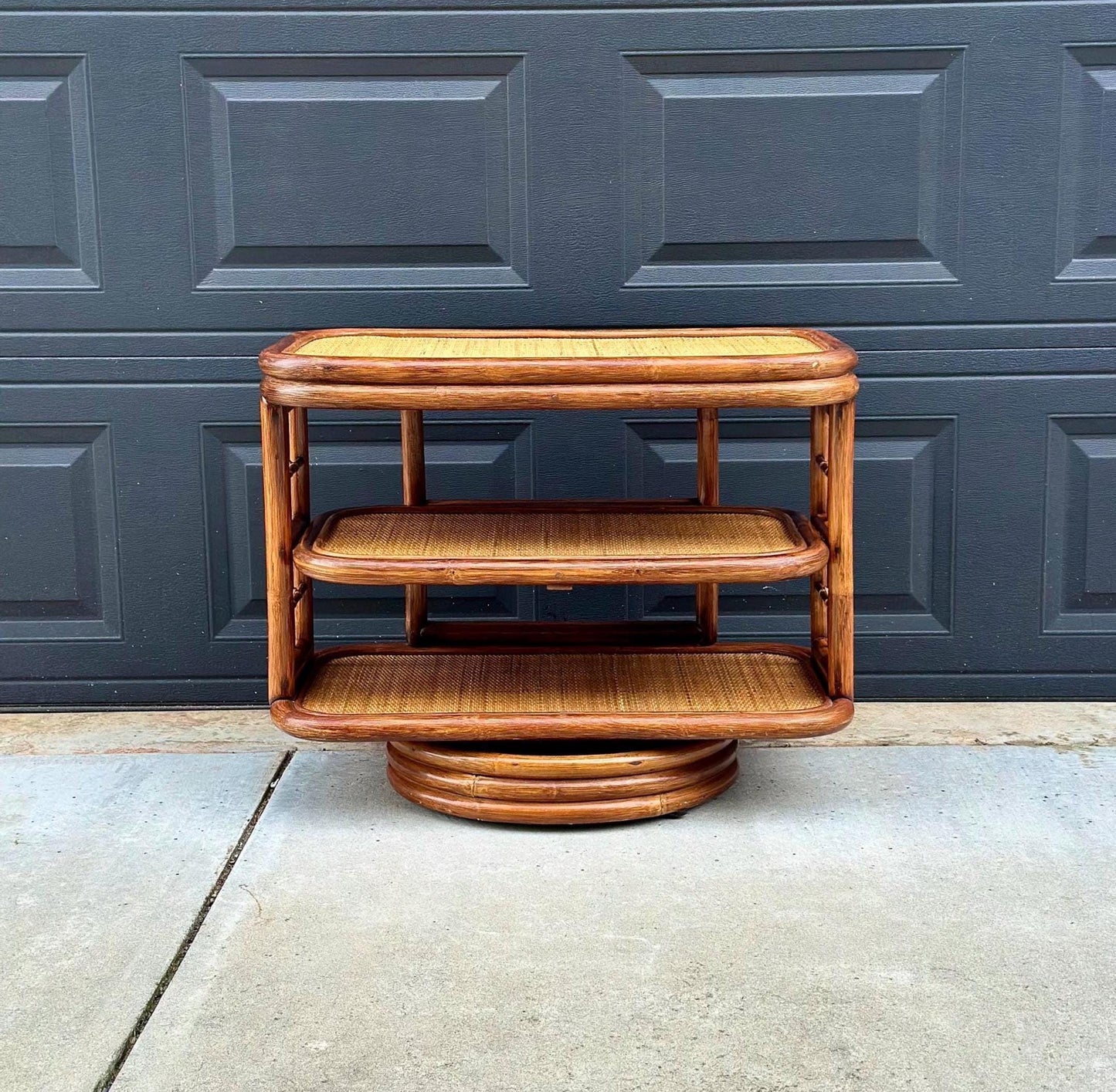 Vintage 1970's Swiveling Three Tier Rattan & Cane Table