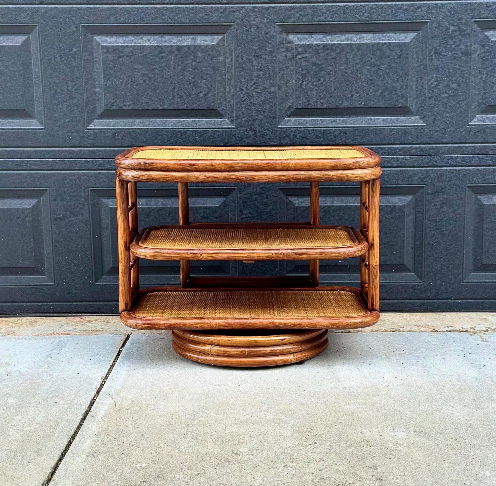 Vintage 1970's Swiveling Three Tier Rattan & Cane Table