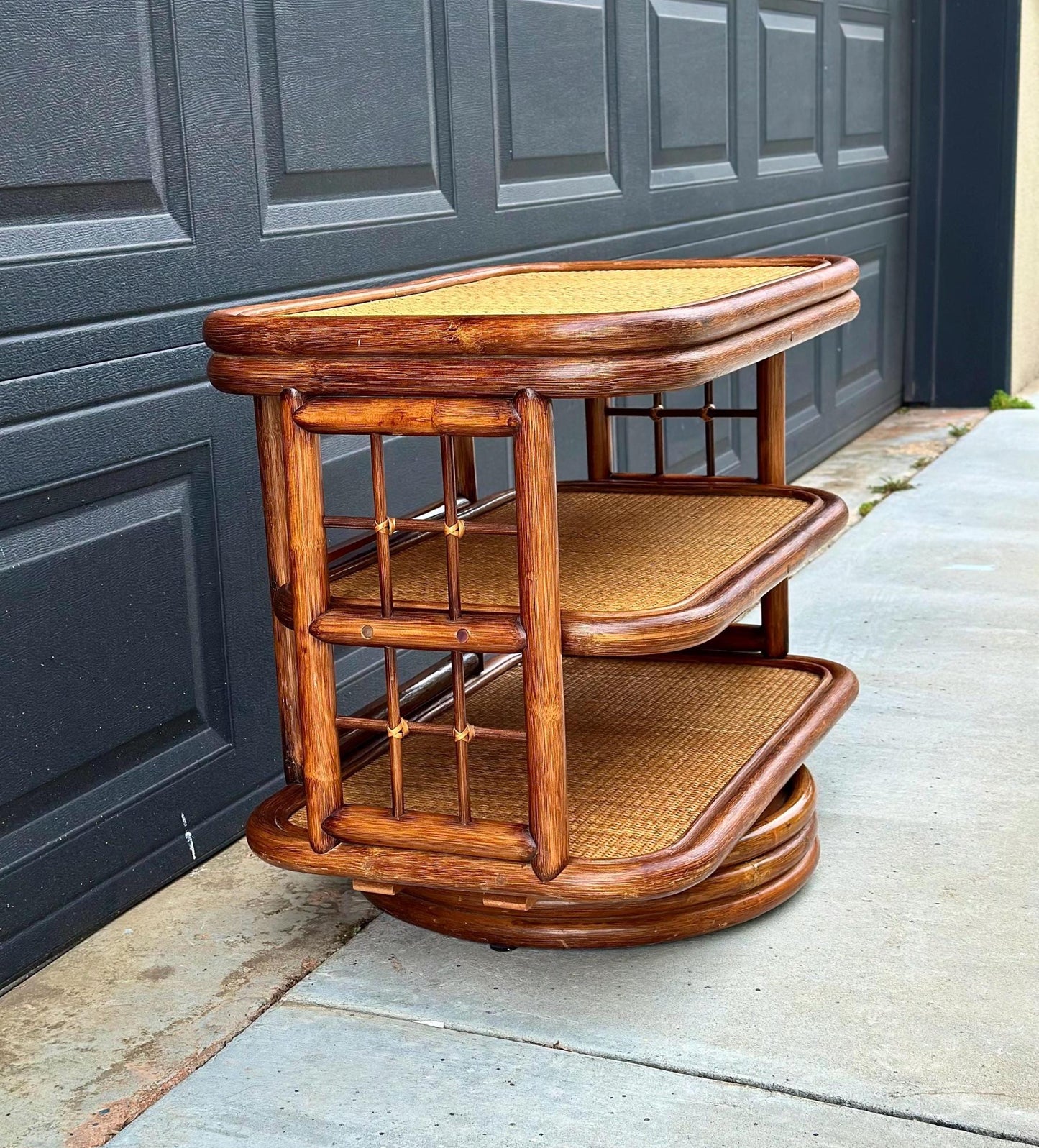 Vintage 1970's Swiveling Three Tier Rattan & Cane Table