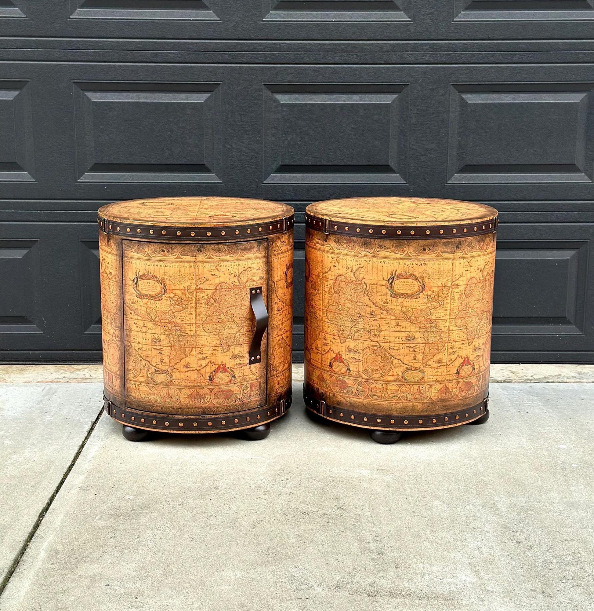 Vintage Map Wrapped Leather Trim Drum End Tables - a Pair