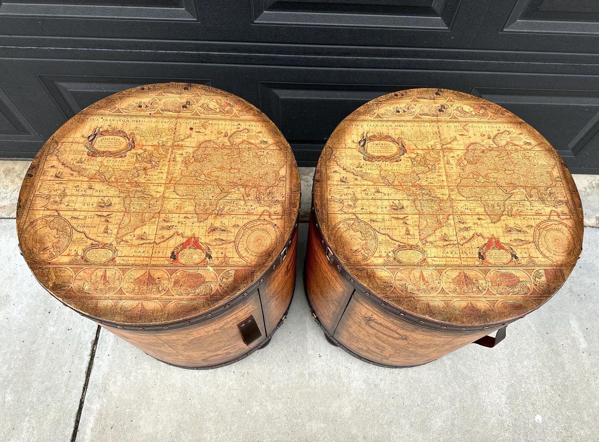 Vintage Map Wrapped Leather Trim Drum End Tables - a Pair