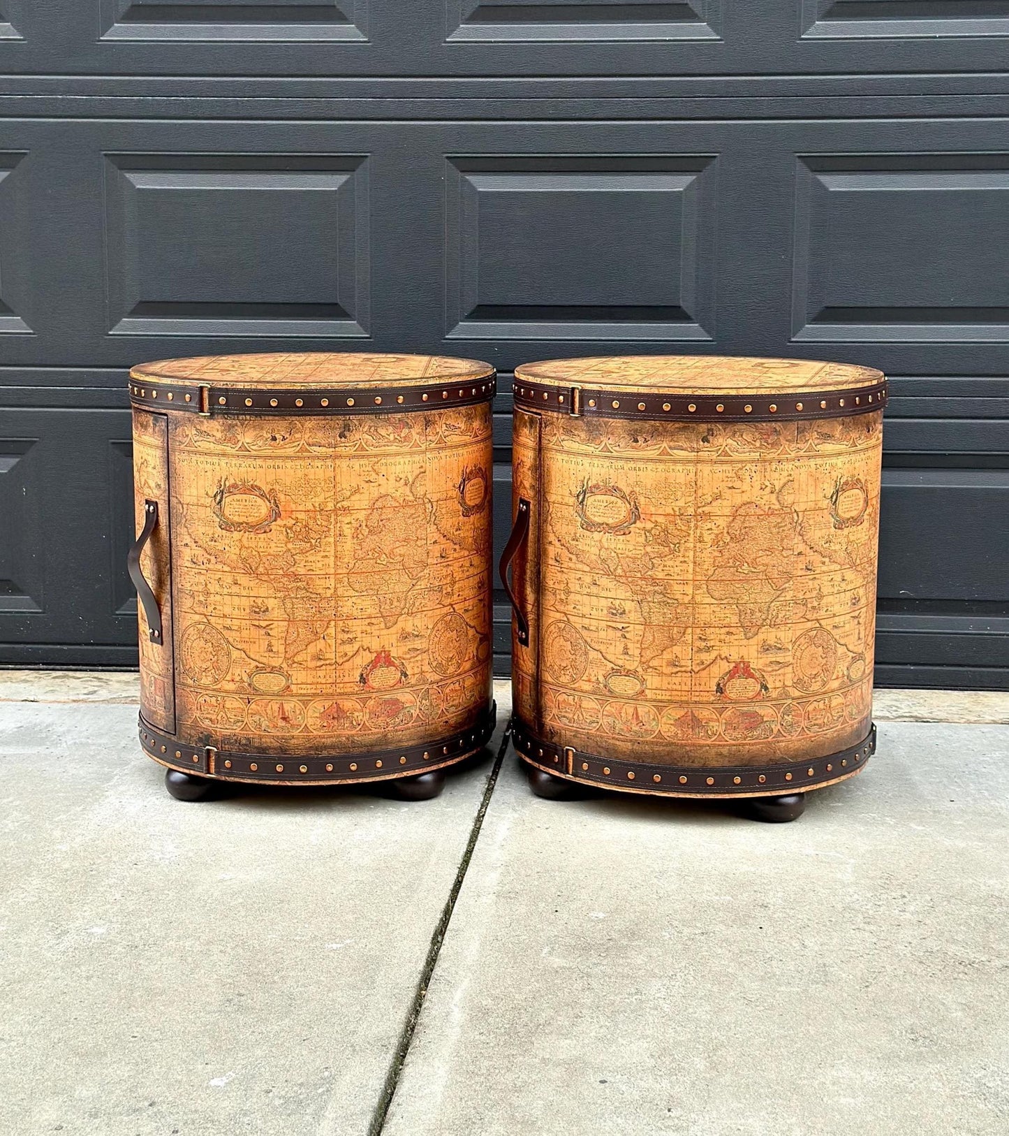 Vintage Map Wrapped Leather Trim Drum End Tables - a Pair