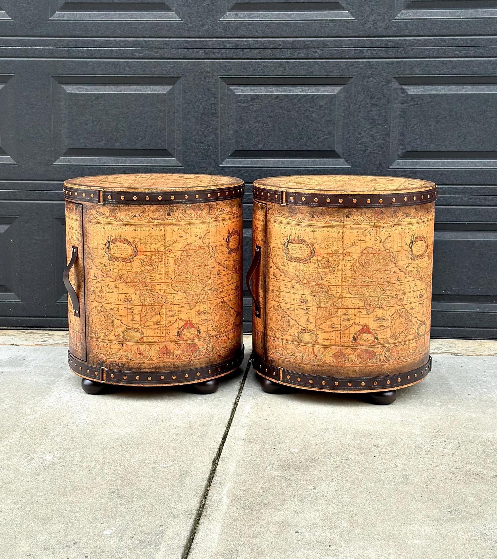 Vintage Map Wrapped Leather Trim Drum End Tables - a Pair