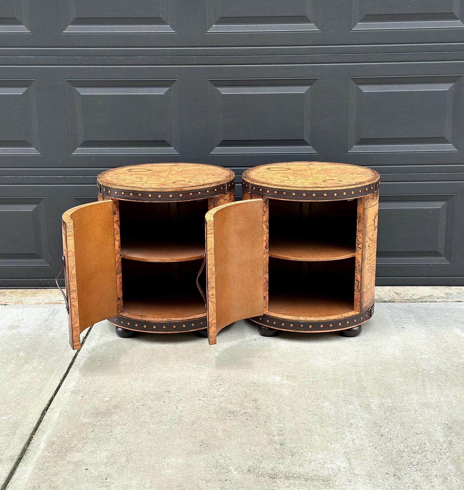 Vintage Map Wrapped Leather Trim Drum End Tables - a Pair