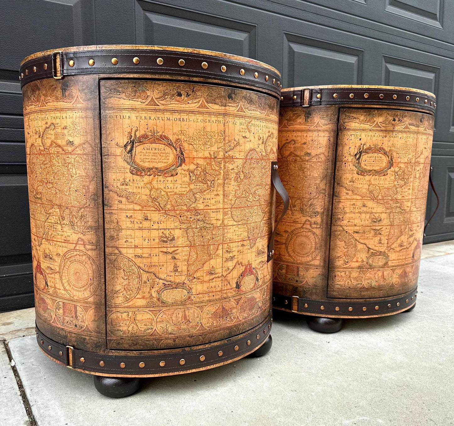 Vintage Map Wrapped Leather Trim Drum End Tables - a Pair