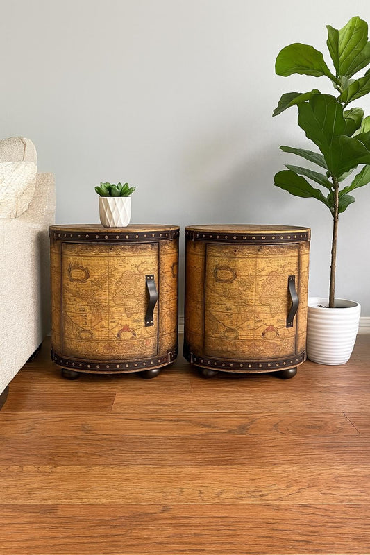 Vintage Map Wrapped Leather Trim Drum End Tables - a Pair