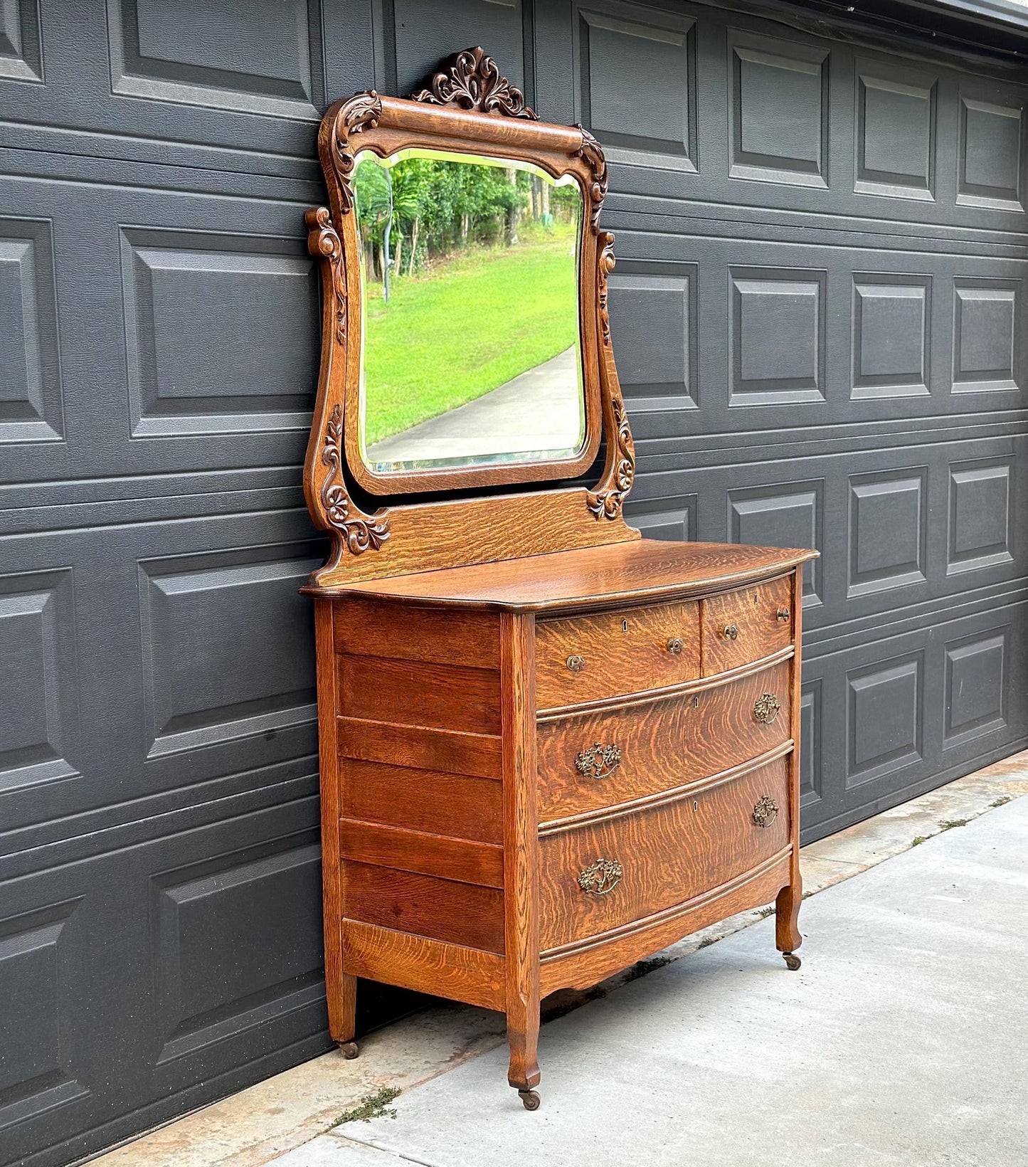 Antique 1920's Tiger Oak Dresser & Carved Swing Mirror