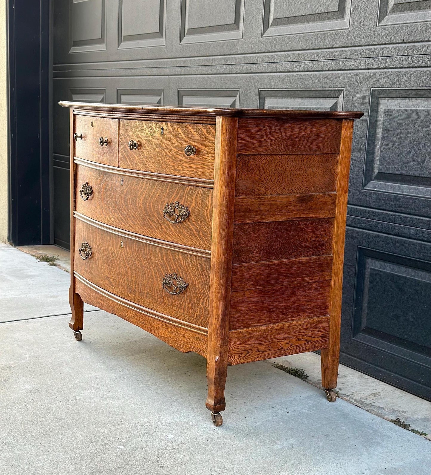 Antique 1920's Tiger Oak Four Drawer Chest on Casters