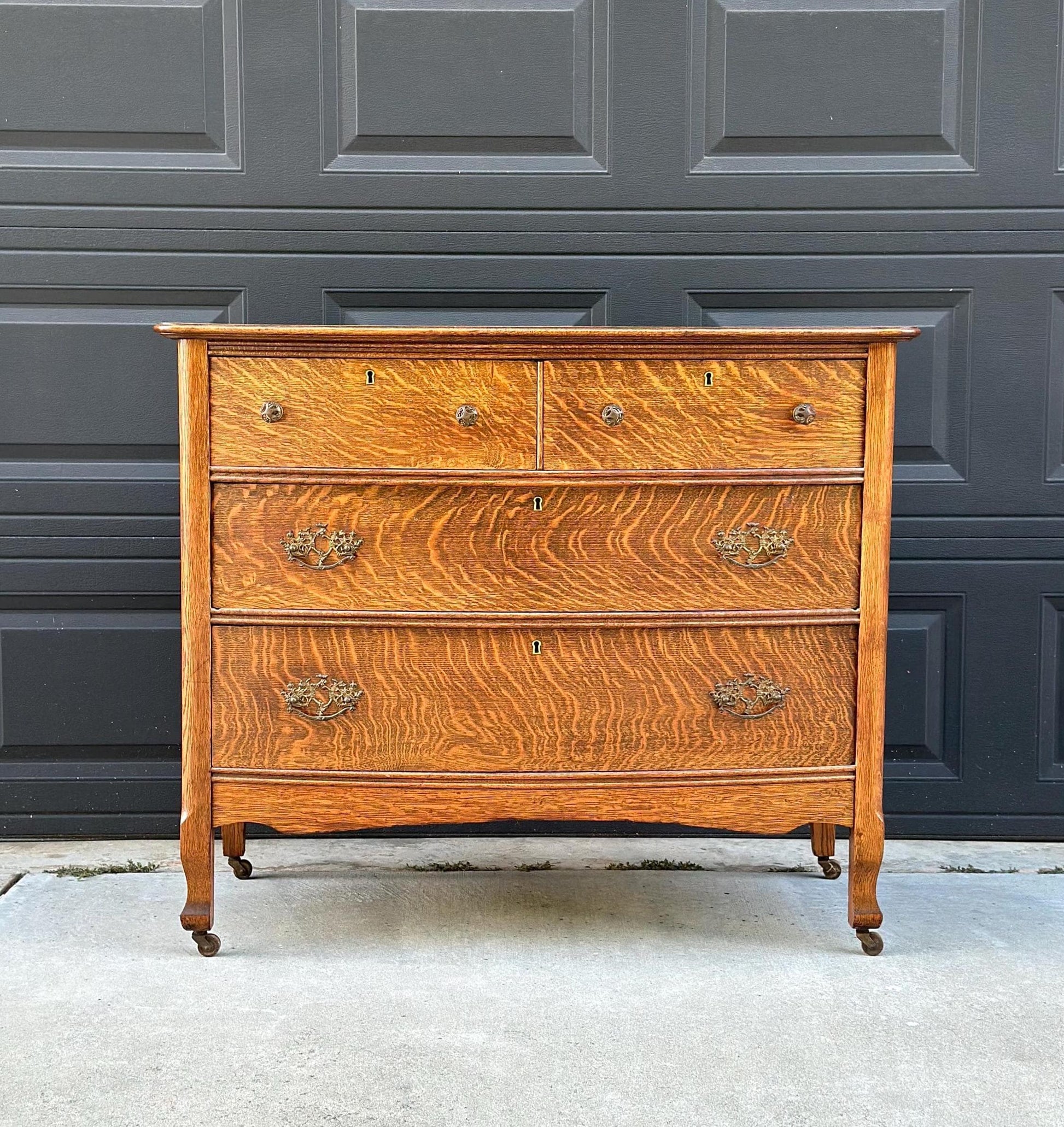 Antique 1920's Tiger Oak Four Drawer Chest on Casters