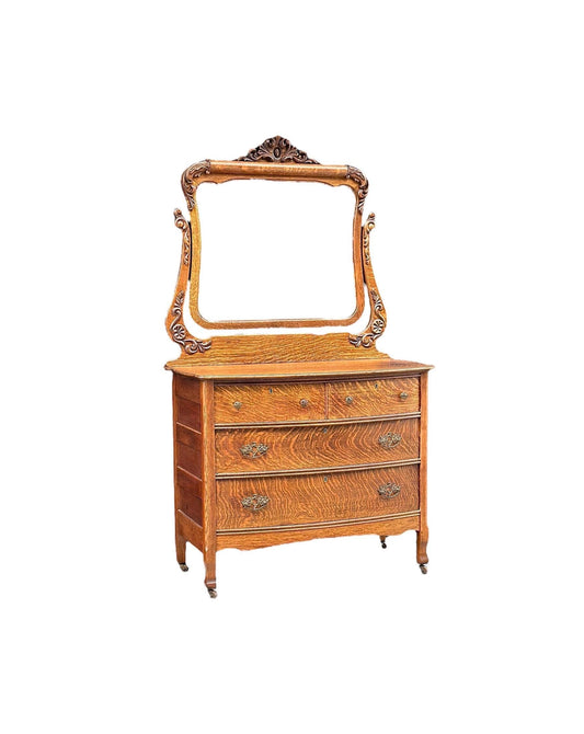 Antique 1920's Tiger Oak Dresser & Carved Swing Mirror