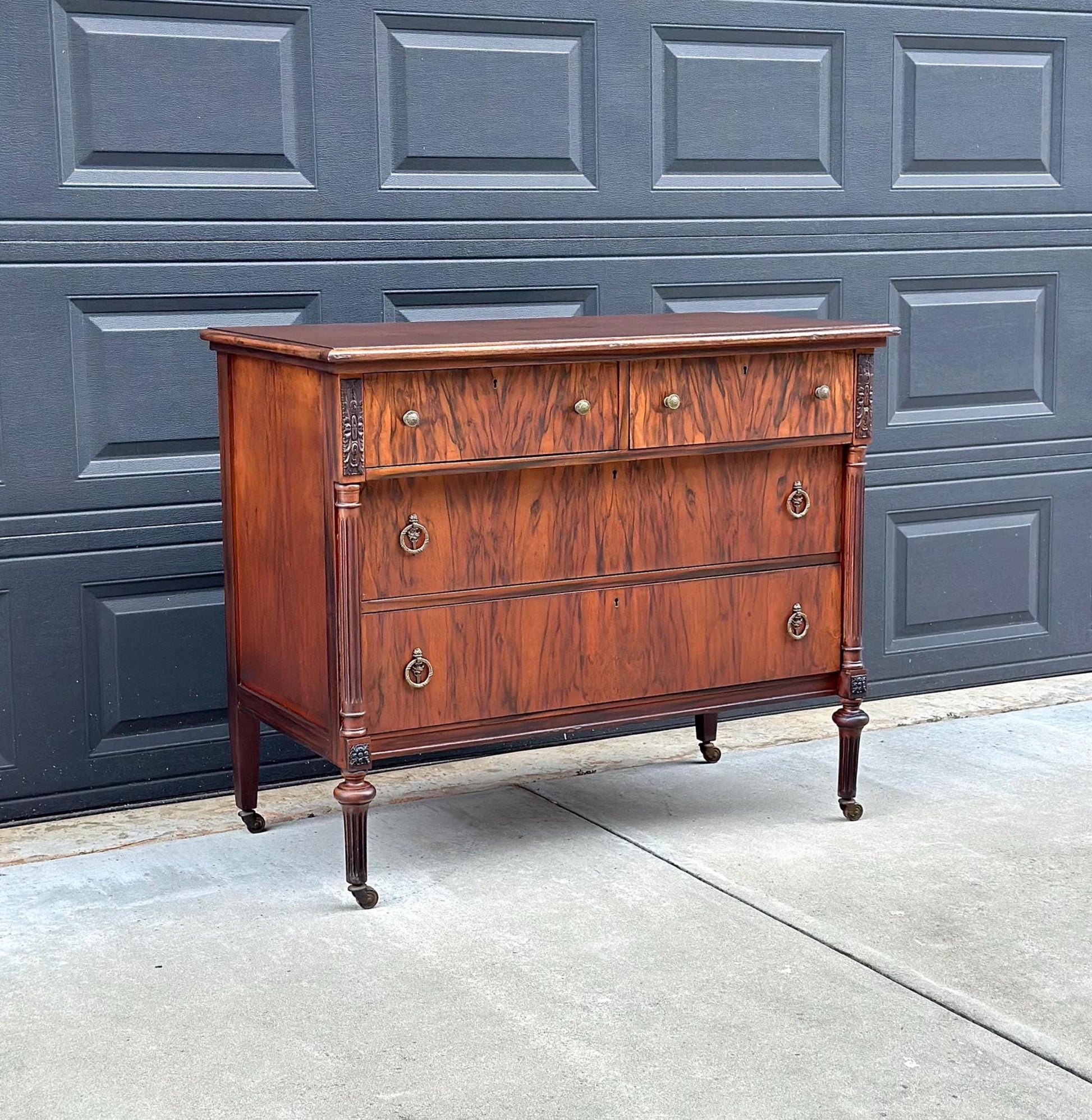 Antique Early 1900's French Walnut Chest of Drawers on Casters