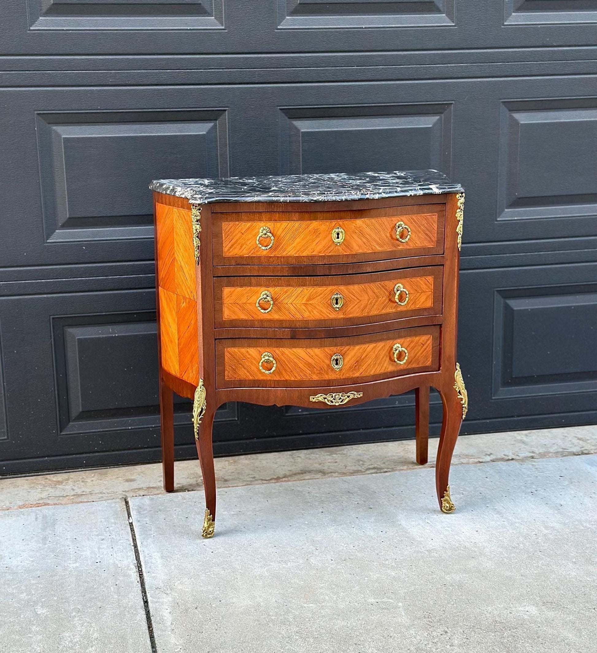 Antique Late 1800's Italian Black Marble Ormolu Chest of Drawers