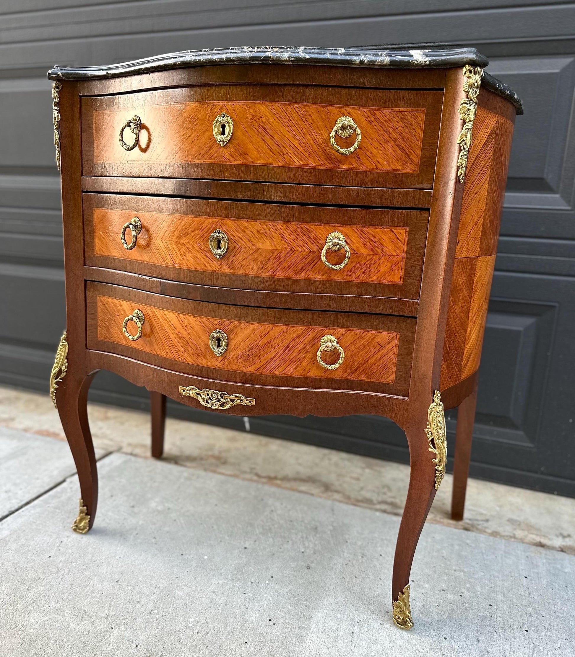Antique Late 1800's Italian Black Marble Ormolu Chest of Drawers