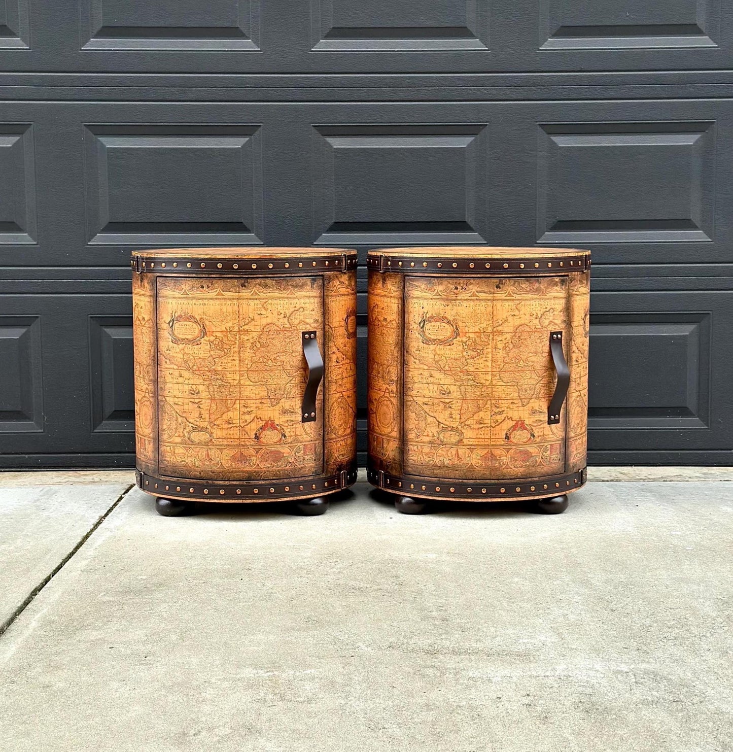 Vintage Map Wrapped Leather Trim Drum End Tables - a Pair