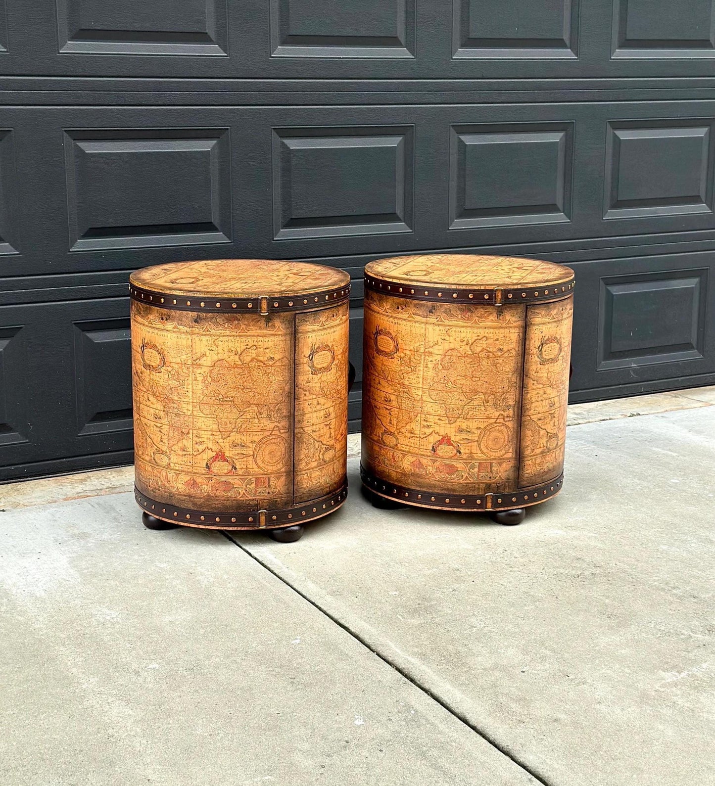 Vintage Map Wrapped Leather Trim Drum End Tables - a Pair